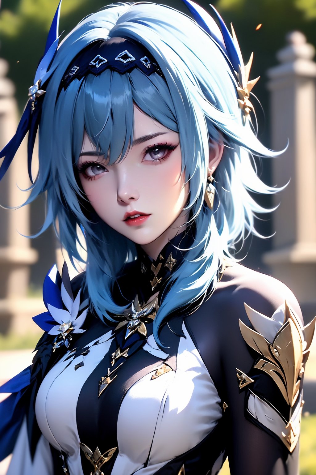 1girl, eula \(genshin impact\), solo, blue hair, hairband, breasts, hair ornament, looking at viewer, jewelry, black hairband, parted lips, medium hair, earrings, upper body, blurry background, blurry, lips, large breasts, necktie, outdoors, red lips, hair between eyes, grey eyes,