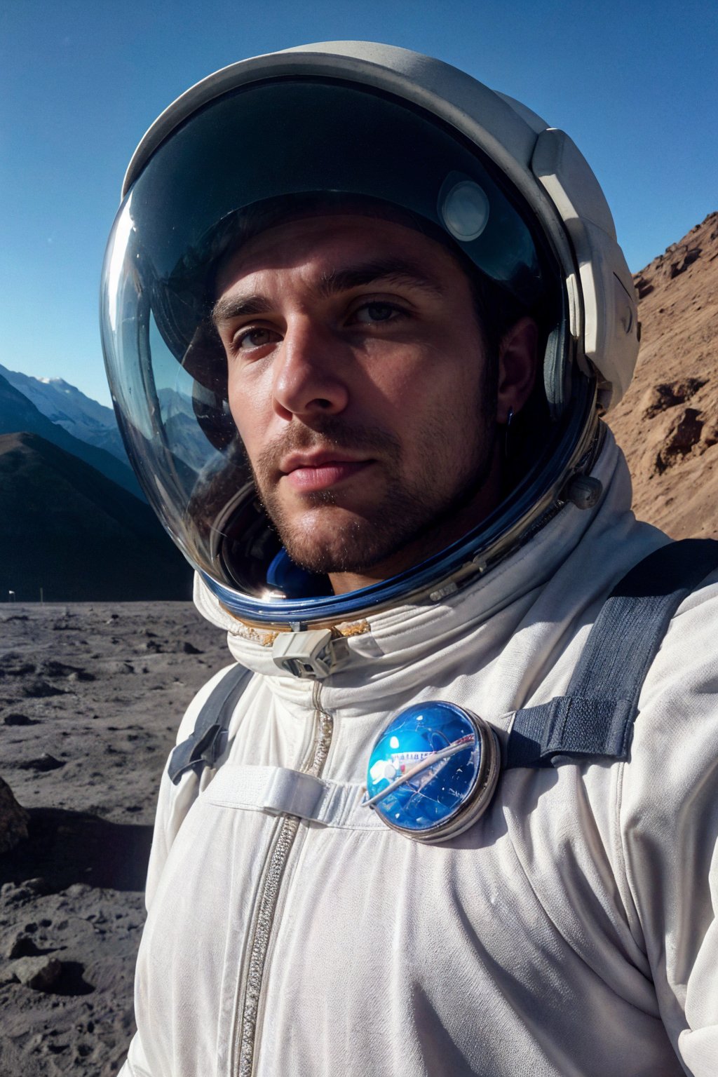 1boy, photo of a man wearing a transparent glass space helmet, beard, astronaut, wearing space bodysuit, hiking on the moon's surface, cyborg-like features evident, mountains in the lunar background, focused expression of experience visible through the helmet, high-quality photograph, professional and modern aesthetic, clean and polished with bright colors, detailed textures, (close-up), (large pectorals, puffy nipples), realistic, highly detailed, realistic eyes, intricate details, detailed background, depth of field