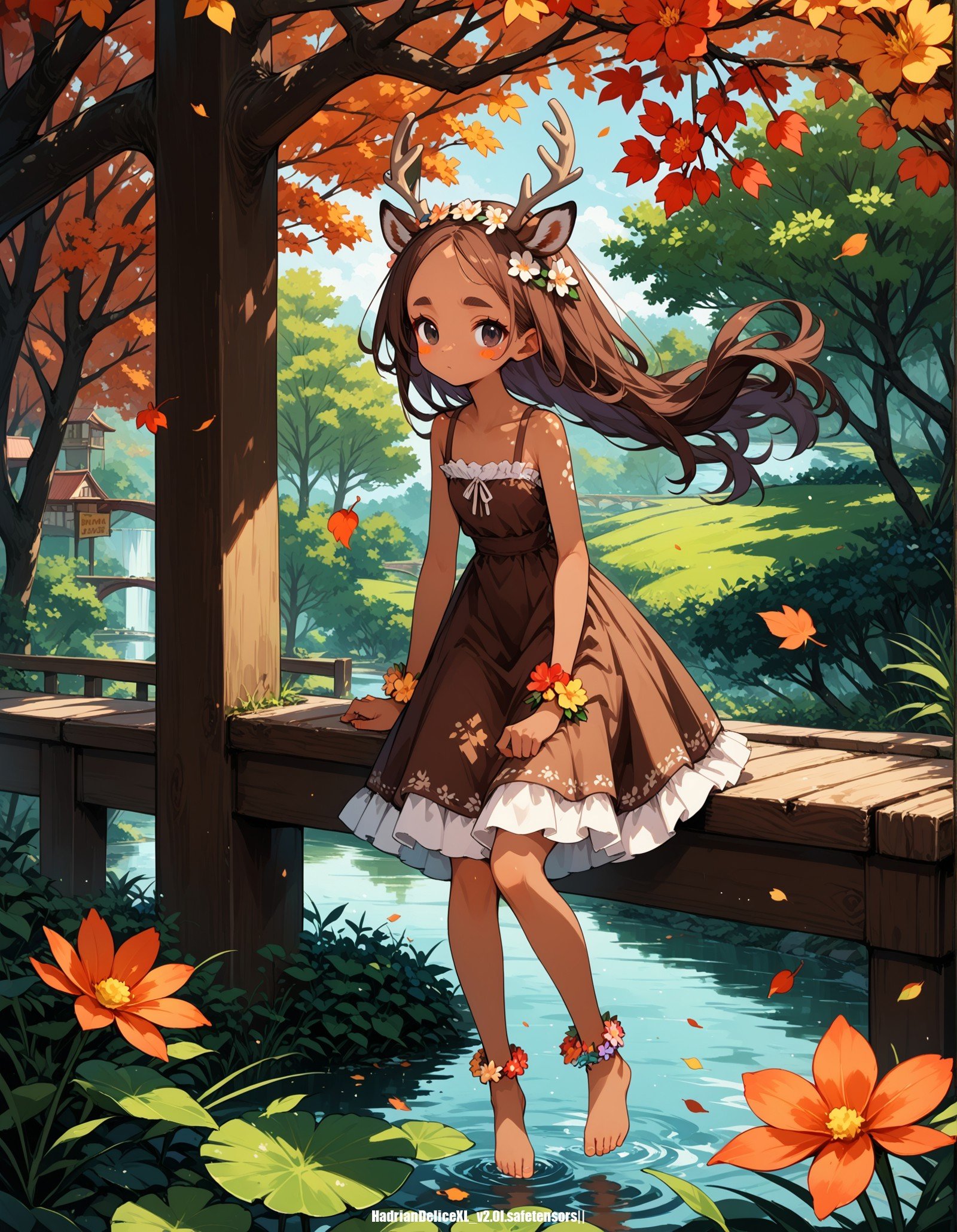 score_9, score_8_up, score_7_up, score_6_up, score_5_up,, ,, source_anime,forest,bridge,river,deer ears,tree,dappled sunlight,falling leaves,floating hair,outdoors,market stall, 1girl,solo,flat chest,rest,brown dress, very long dress,brown hair,very long hair,dark skin,dark-skinned female,narrow waist,forehead,flower anklet,barefoot,flower bracelet,black eyes,thick eyebrows,body blush,blush stickers, spoken blush,>