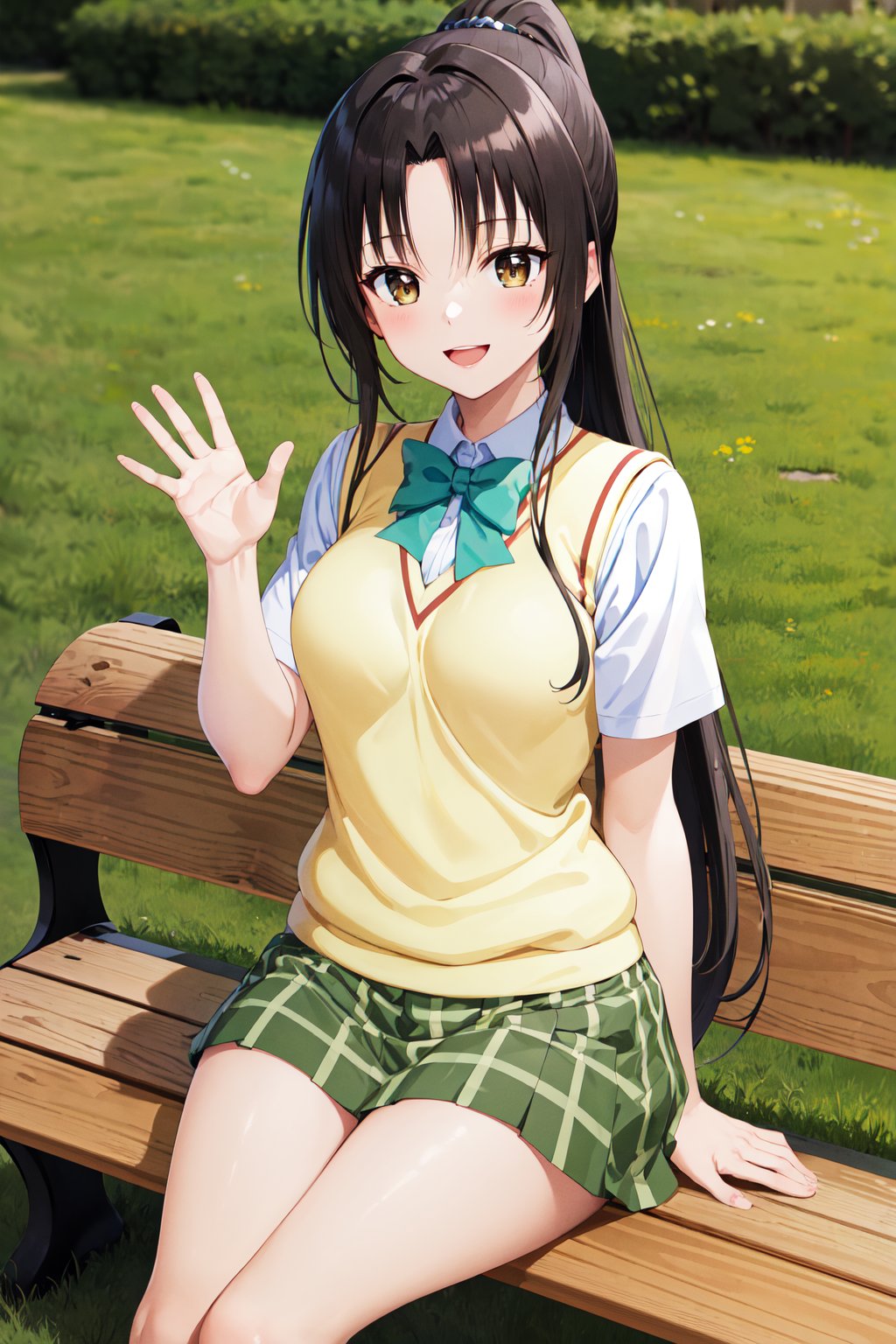 masterpiece, best quality, highres, 1girl, solo, long hair, black hair, ponytail, parted bangs, brown eyes, school uniform, green bowtie, white shirt, short sleeves, sweater vest, yellow vest, plaid skirt, green skirt, <lora:kujou_rin_v1:0.7>, sitting, outdoors, bench, smile, open mouth, waving