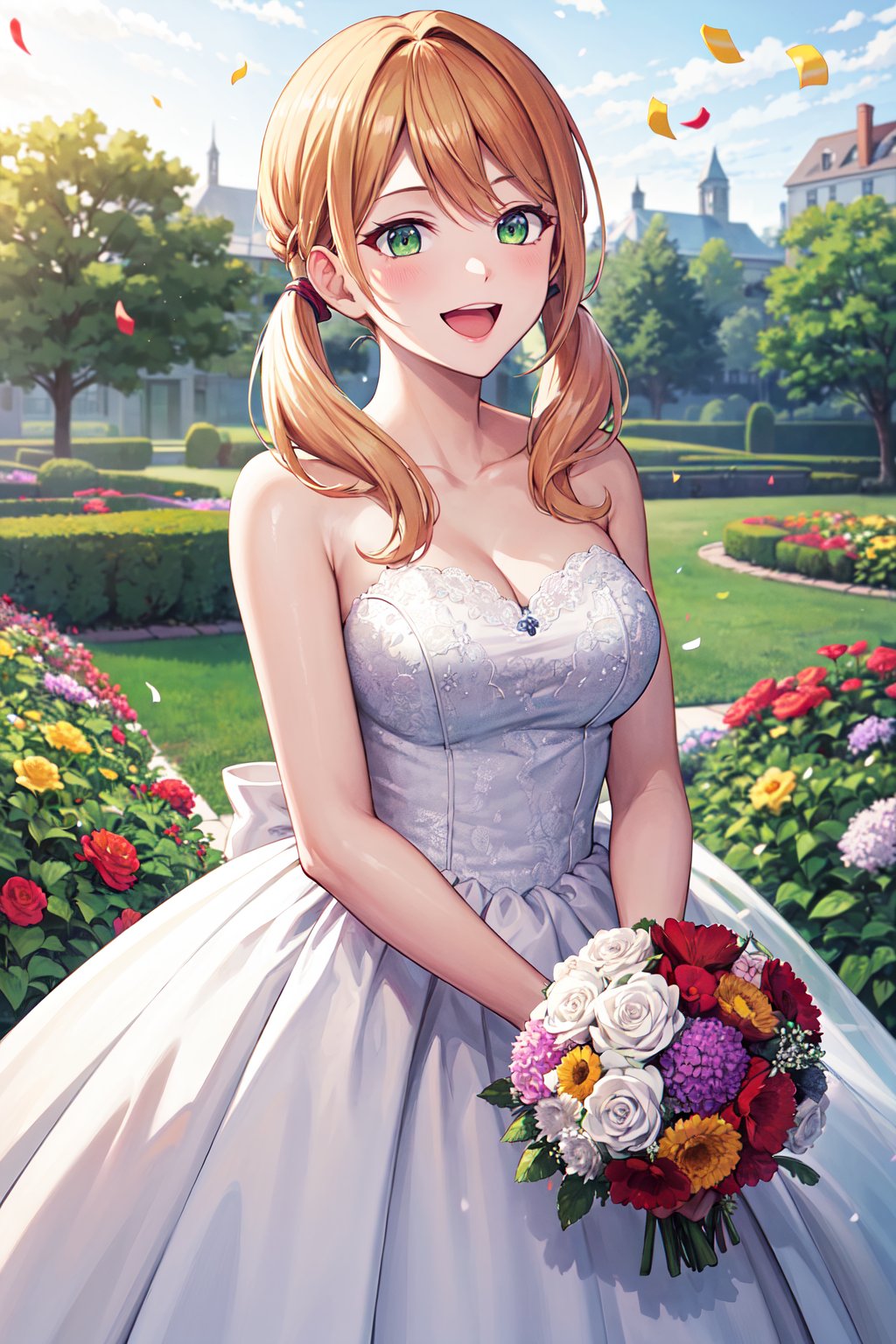 masterpiece, best quality, highres, 1girl, solo, blonde hair, low twintails, green eyes, <lora:tsukishima_riho_v1:0.7>, wedding dress, strapless, smile, open mouth, holding bouquet, standing, cowboy shot, garden, confetti, 