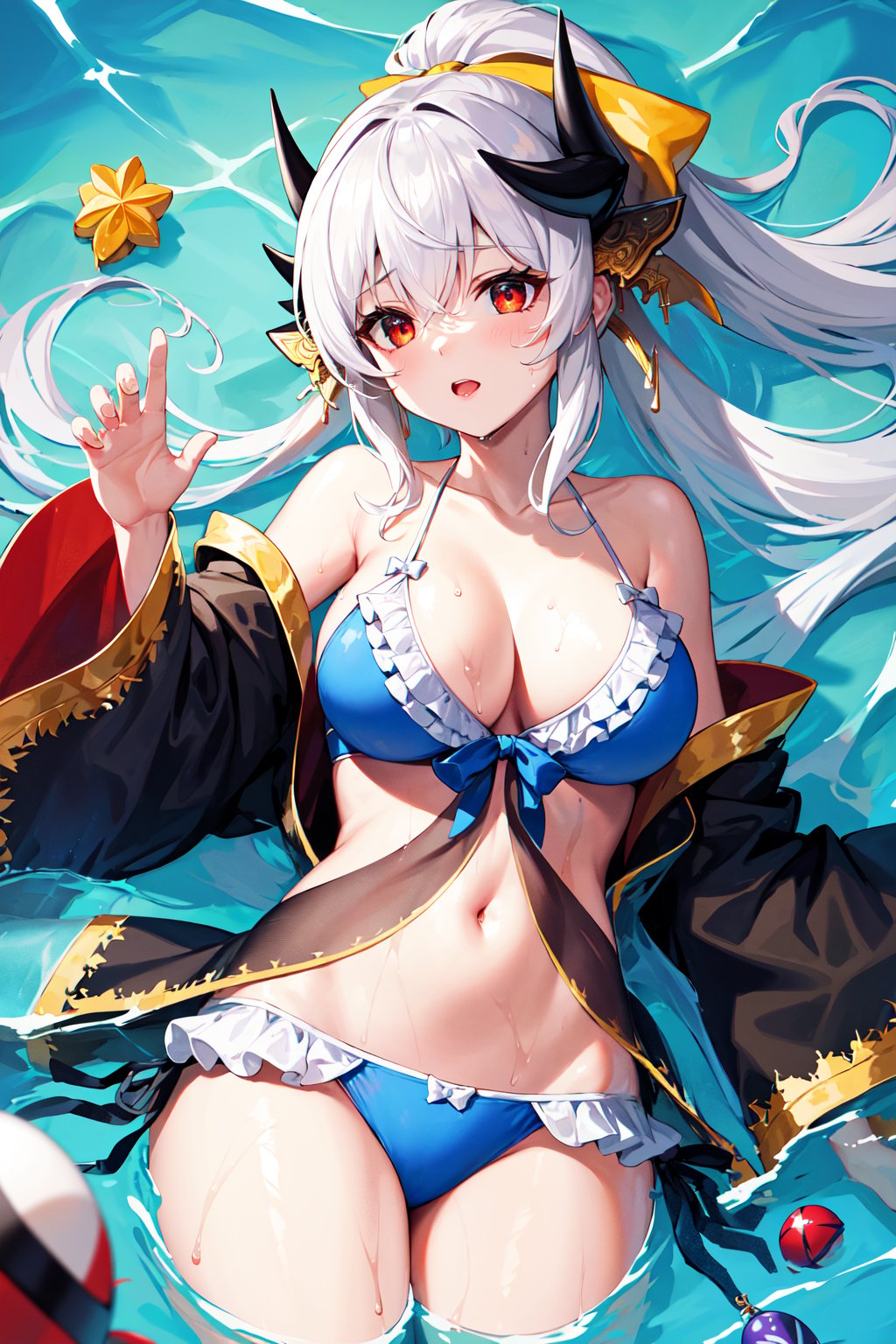 masterpiece, best quality, highres, cckiyo, long hair, white hair, ponytail, black horns, hair bow, hair ornament, yellow bow, red eyes, collarbone, bare shoulders, cleavage, frilled bikini, blue bikini, off shoulder, black jacket, open clothes, <lora:kiyohime_(lancer)_v1:0.7>, lying, wet, partially submerged, from above, outstretched arms, 