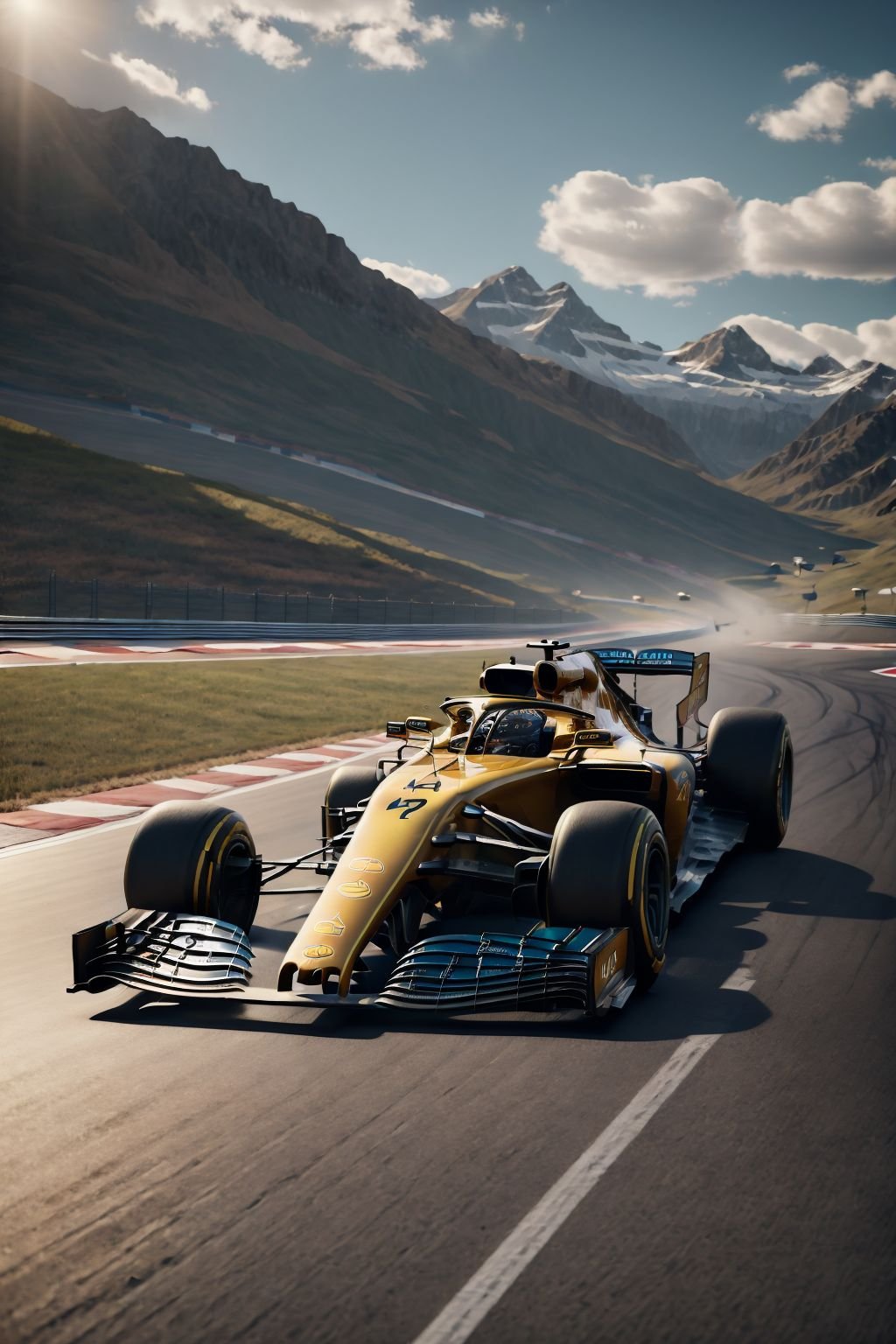 ultra realistic 8k cg,picture-perfect face,flawless,clean,masterpiece,professional artwork,famous artwork,cinematic lighting,cinematic bloom,F1 racing car,outdoors,sky,day,cloud,no humans,shadow,ground vehicle,scenery,motor vehicle,mountain,car,road,vehicle focus,mountainous horizon,