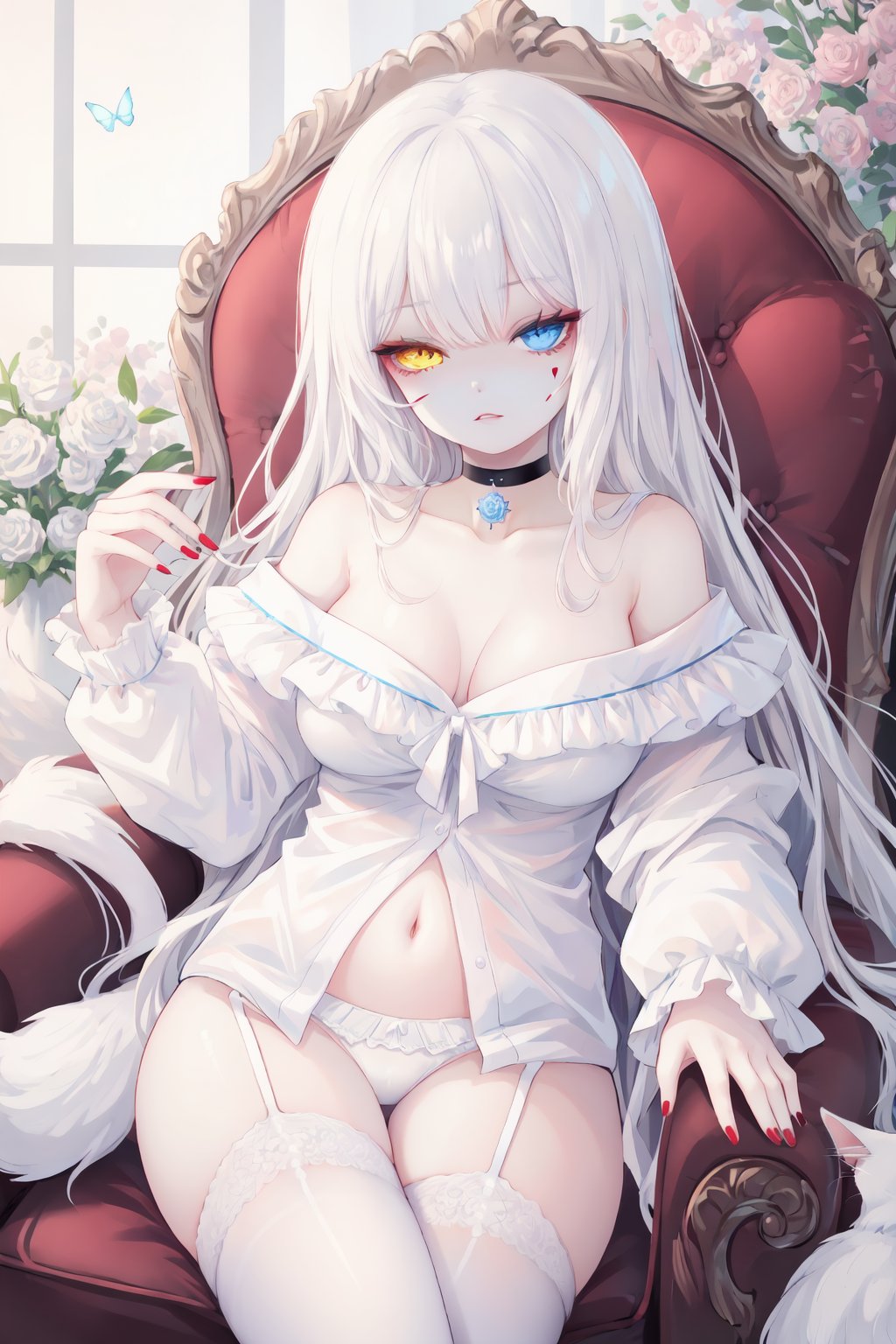 1girl, long hair, heterochromia, thighhighs, underwear, solo, panties, choker, navel, blue eyes, breasts, butterfly, white panties, white thighhighs, red nails, off shoulder, long sleeves, white shirt, bare shoulders, shirt, sitting, bug, nail polish, frills, flower, very long hair, yellow eyes, white cat, blue flower, white hair, rose, bangs, collarbone, black choker, garter straps, medium breasts, looking at viewer, chair, facial mark, she style, ths97f, 65setutyh4, ae45ngol4