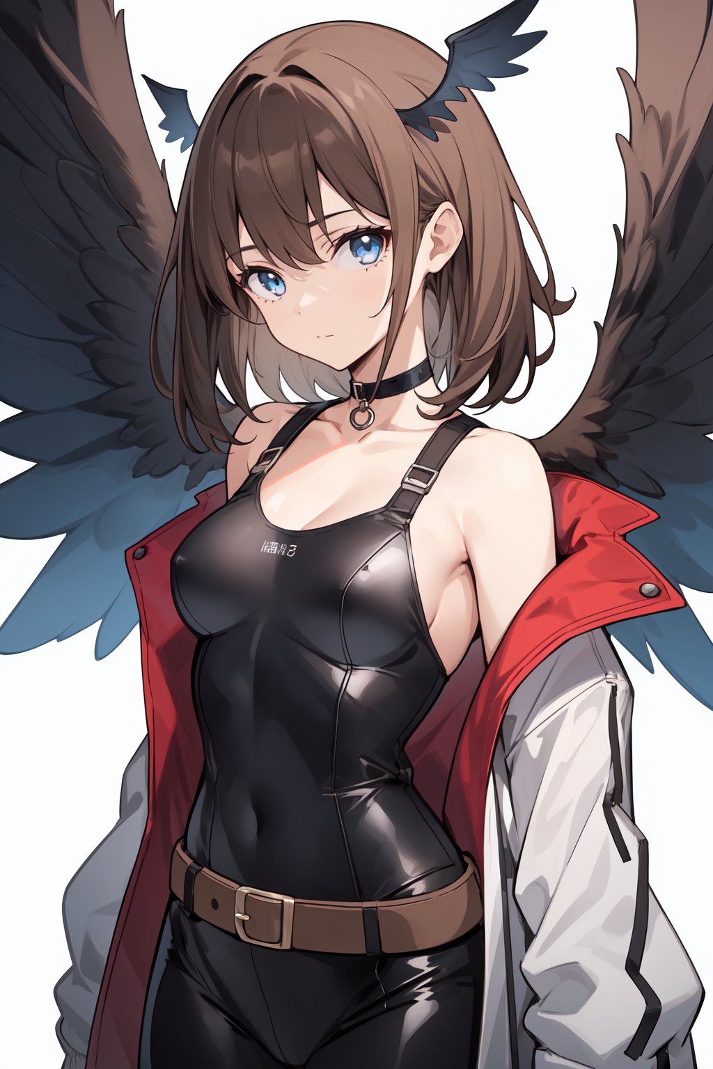 1girl, , belt, black bodysuit, black choker, blue eyes, bodysuit, breasts, brown hair, choker, closed mouth, head wings, looking at viewer, medium breasts, medium hair, no jacket, solo, white wings, wings, 