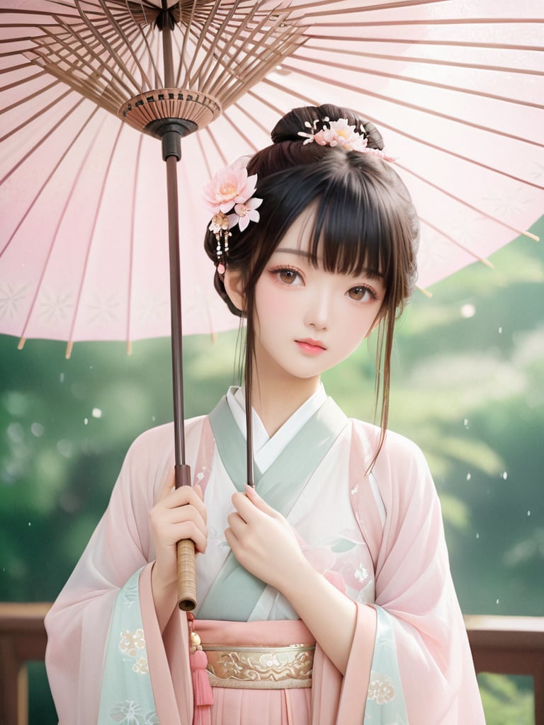 Asian female,traditional attire,Hanfu,holding umbrella,floral hair accessories,outdoor setting,natural daylight,focused gaze,soft makeup,young adult,portrait,bokeh background,pastel colors,cultural dress,elegance,serene expression,white and pink color scheme,hair fringe,delicate pose.,realistic,film photography style,light grain,masterpiece,best quality,<lora:SDS-XL泛光调节器_v1.0:0.8>,<lora:SDXL_FILM_PHOTOGRAPHY_STYLE_BetaV0.4:0.6>,