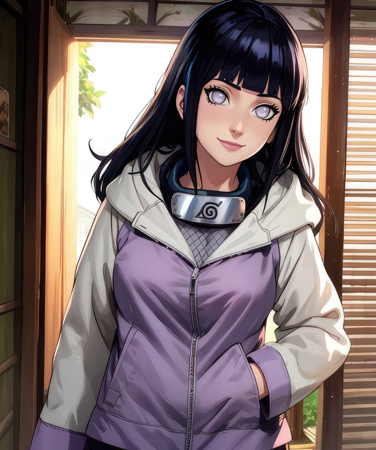 Hinata,black hair,blunt bangs,no pupils,grey eyes,long hair,long sleeves,konohagakure symbol,jacket,forehead protector around neck,hood down,pants,light smile,solo,village,(insanely detailed, masterpiece, best quality,),<lora:HinataShip:0.9>,