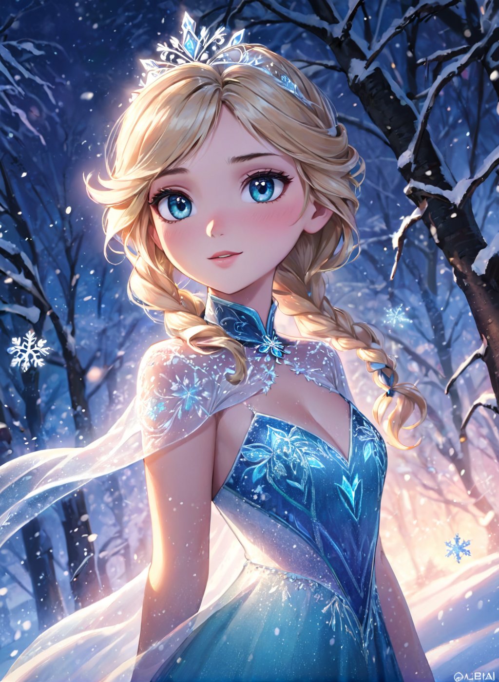 princess elsa from frozen, snowflakes, full body, (masterpiece), best quality, highres, 4k, 8k, intricate detail, cinematic lighting, amazing quality, amazing shading, soft lighting, ultra detailed skin, ultra detailed face, perfect eyes, small skin imperfections, Detailed Illustration, official artwork, anime style, wallpaper, official art