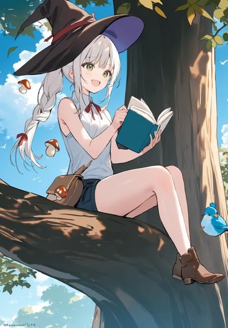 1girl,   hanekoto, ponytail, tree, braid, mushroom, brown footwear, ribbon, outdoors, long hair, sky, open book, sitting, bare legs, open mouth, holding, artist name, cloud, plant, leaf, bare arms, witch hat, short shorts, hair ribbon, bird, sitting in tree, white shirt, sleeveless, thighs, red ribbon, green eyes, hat, smile, shorts, blue sky, tree stump, reading, book, twitter username, :d, holding book, holding mushroom, bare shoulders, sleeveless shirt, white hair, day, shirt, in tree, masterpiece, best quality, newest <lora:hanekoto_image488_2024-03-28_a31-000018:1>