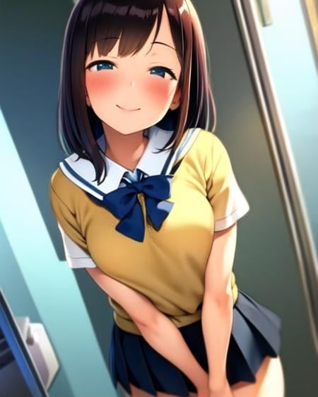 (pija pianissimo), (sfw), 1girl, blush, smile, cowboy shot, dynamic angle, arms behind back, small breasts, looking_at_viewer, school_uniform, shirt, skirt,  <hypernet:pija-23200:1>