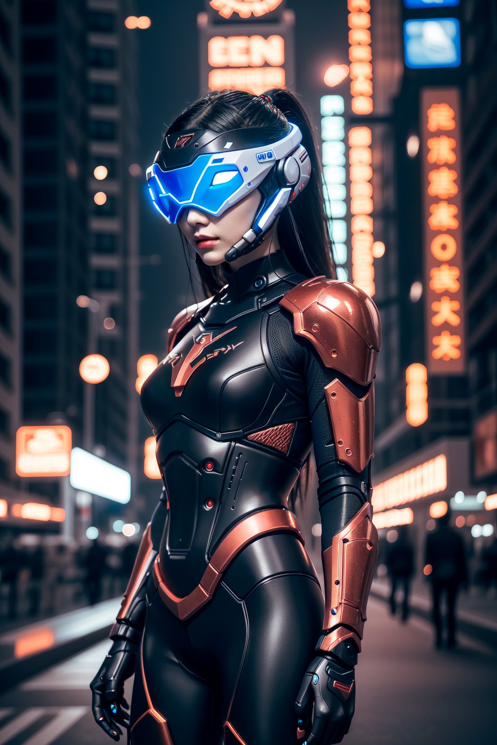 cyberpunkAI,1girl,cyberpunk,red armor suit,futuristic,woman,asian,portrait,city lights,mechanical elements,high-tech,<lora:cyberpunkAI:0.8>,, masterpiece,best quality,