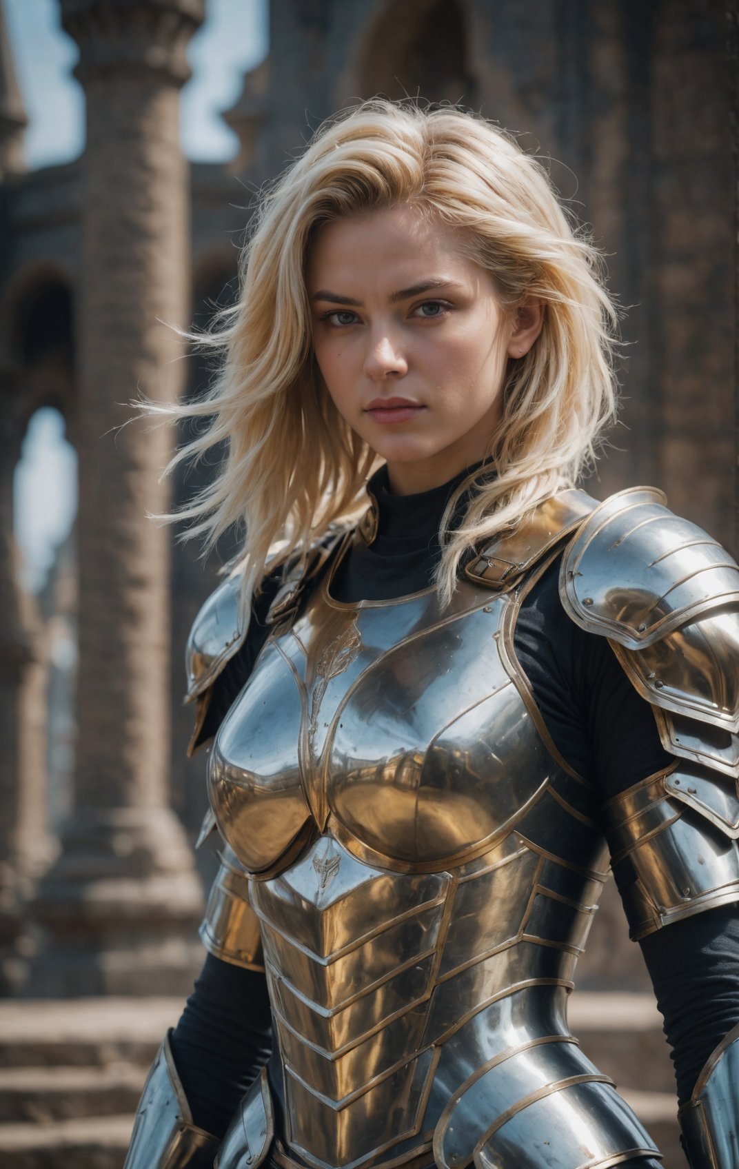 masterpiece, best quality, cinematic film still, super saiyan girl, solo, armor, blonde hair, breastplate, looking at viewer, blurry background, upper body, lips, shoulder armor, realistic, pauldrons, highres, 4k, 8k, intricate detail, cinematic lighting, amazing quality, wallpaper <lora:aesthetic_anime_v1s:1.1>