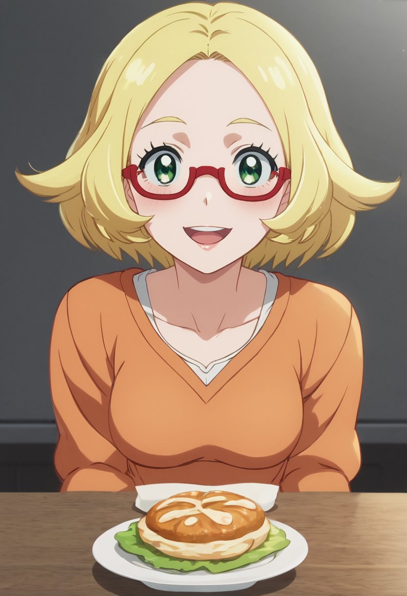 score_9, score_8_up, score_7_up,source_anime,anime coloring,perfect anatomy,cinematic_shadow,anime screencap,<lora:animestyle:1>finetuneanimeBREAK <lora:bianca:1>bianca, 1girl, bianca (pokemon), solo, blonde hair, green eyes, glasses, food, red-framed eyewear, dress, semi-rimless eyewear, looking at viewer, open mouth, sitting, blush, under-rim eyewear, short hair, smile, eyelashes, medium hair, upper body, breasts, teeth