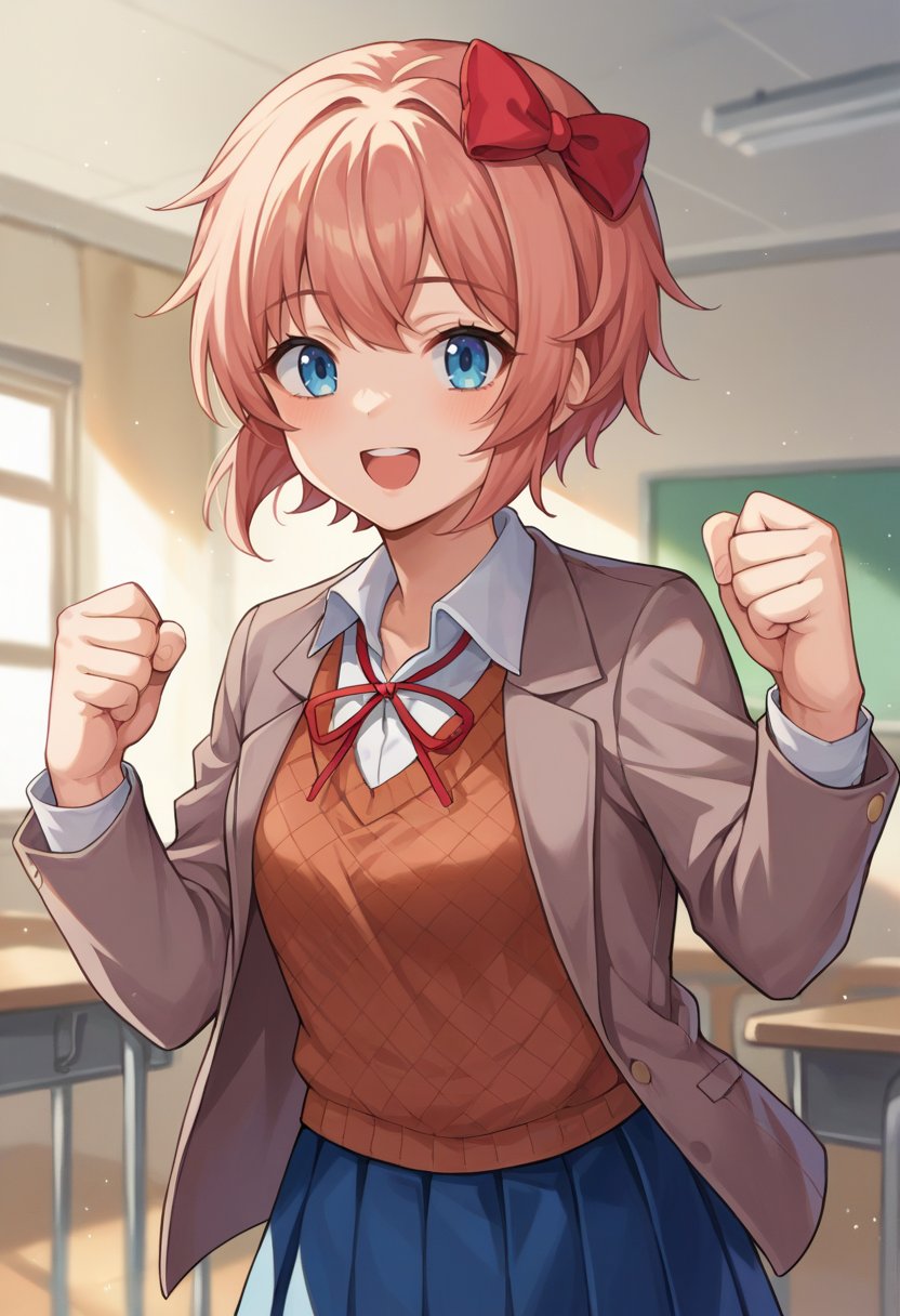 score_9, score_6_up, source_anime, 1girl, solo, cowboy shot, sayori, blue eyes, red bow, blazer, collared shirt, open clothes, brown sweater vest, blue skirt, light smile, (open mouth:0.6), clenched hands, classroom <lora:ddlcXL:0.8>