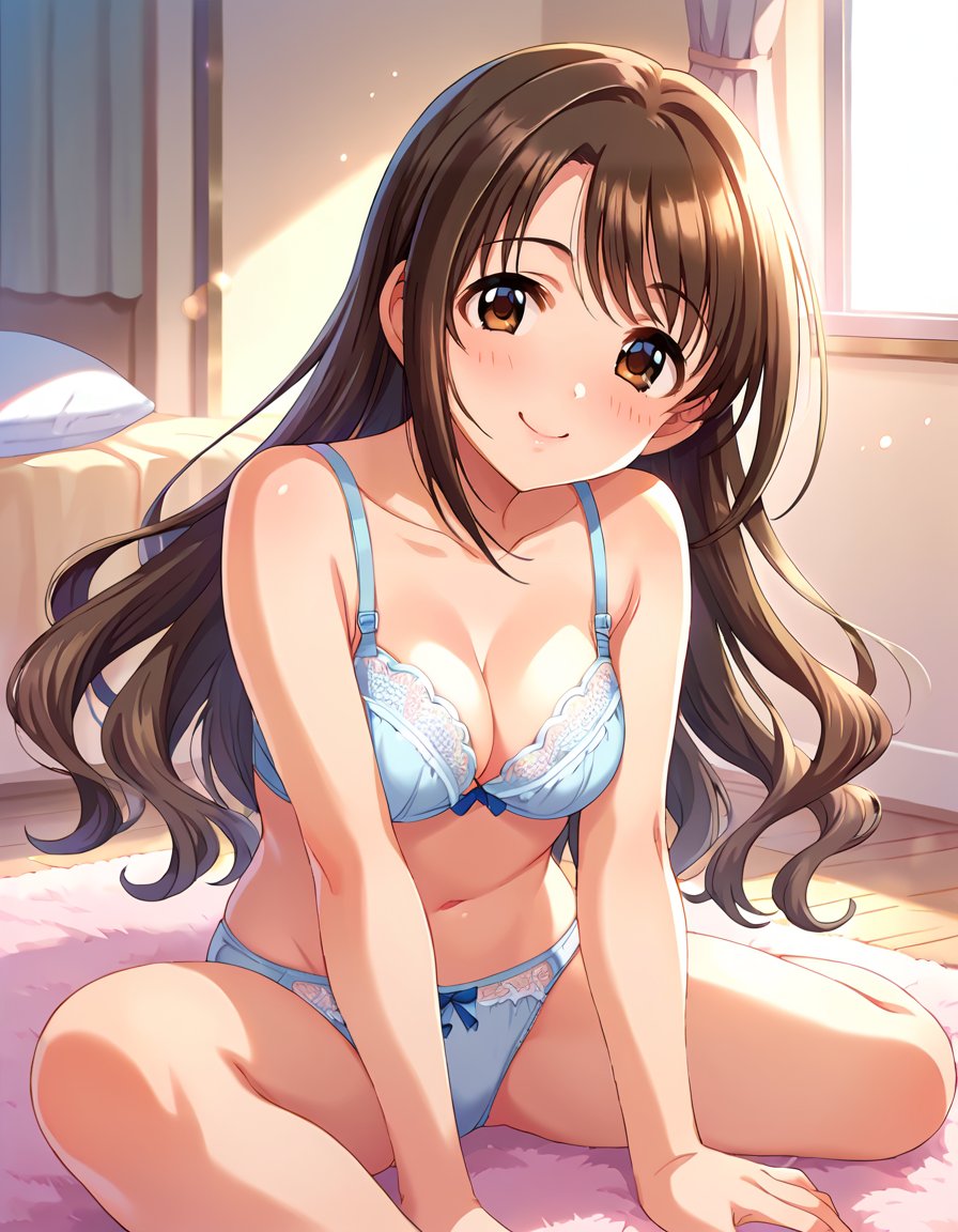 score_9, score_8_up, score_7_up, source_anime,rating_sensitive, sexually suggestive, nsfw, 1girl, solo, dating, lovers, smile, joyful, nose blush, aroused, indoors, morning, sunlight, pink rug, cushion, <lora:ShimamuraUzuki_pony_v1:0.9> smmruzk, long hair, brown hair, wavy hair,  brown eyes, medium breasts, underwear only, luxury, bra, panties, lace trim, detailed embroidery, stomach, thighs, detailed eyes, eye reflection, 