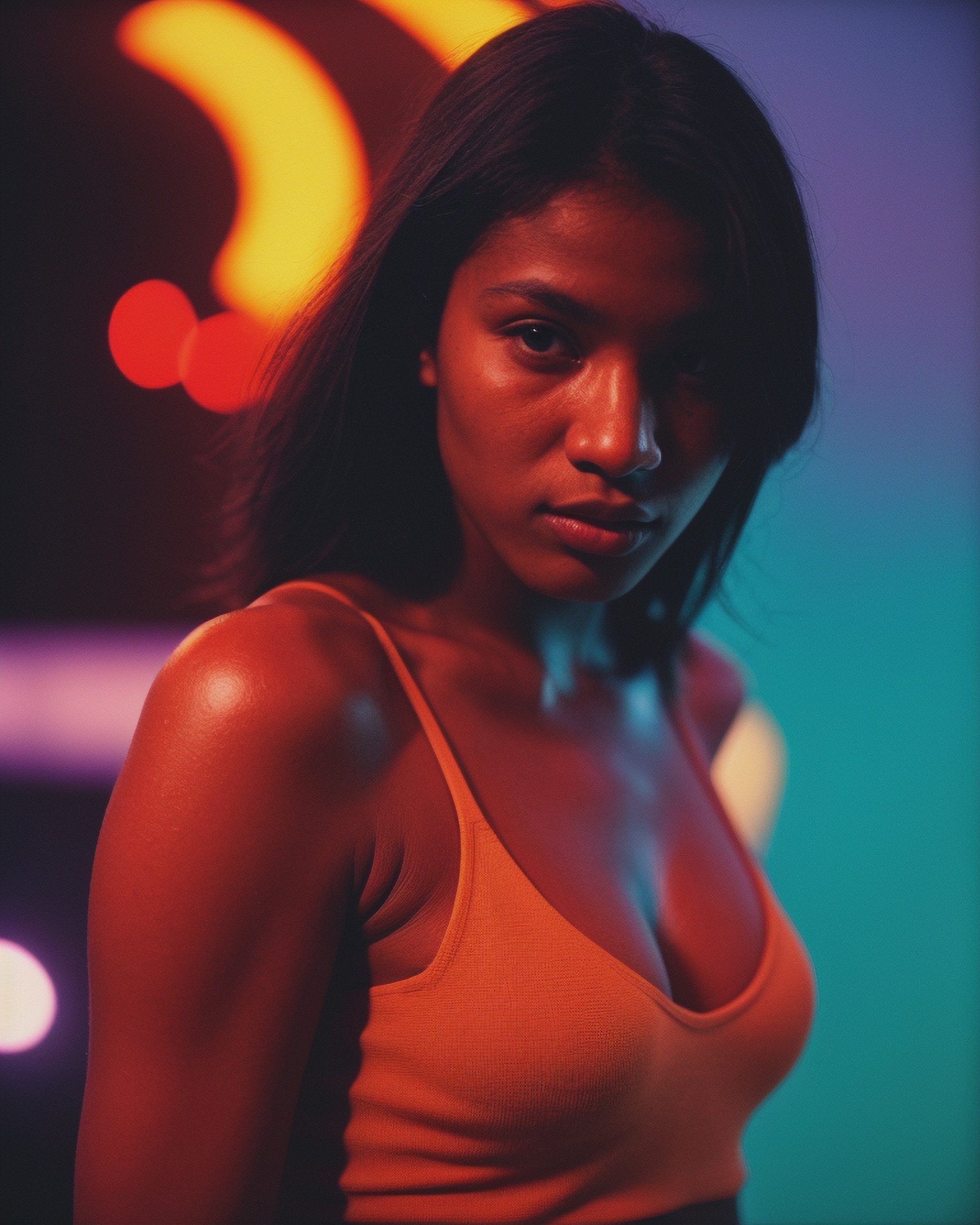 raw_photo photograph film_still cinematic fashion_photo of a beautiful woman detailed skin_texture shot on film vibrant_colors neon_theme photo_grain 3600_iso cinestill BREAK