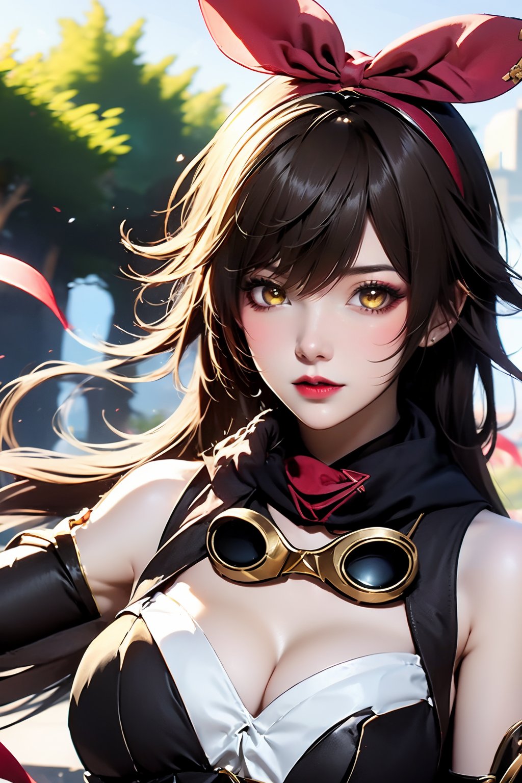 1girl, amber \(genshin impact\), solo, gloves, breasts, long hair, brown hair, looking at viewer, lips, cleavage, makeup, goggles, outdoors, upper body, red lips, hair ribbon, ribbon, black gloves, detached sleeves, bare shoulders, goggles around neck, red ribbon, hair between eyes, yellow eyes, hairband, medium breasts, building, scarf, fingerless gloves, brown eyes, eyelashes, blurry, red hairband, parted lips, petals, lipstick, day, blush, flower, sky,