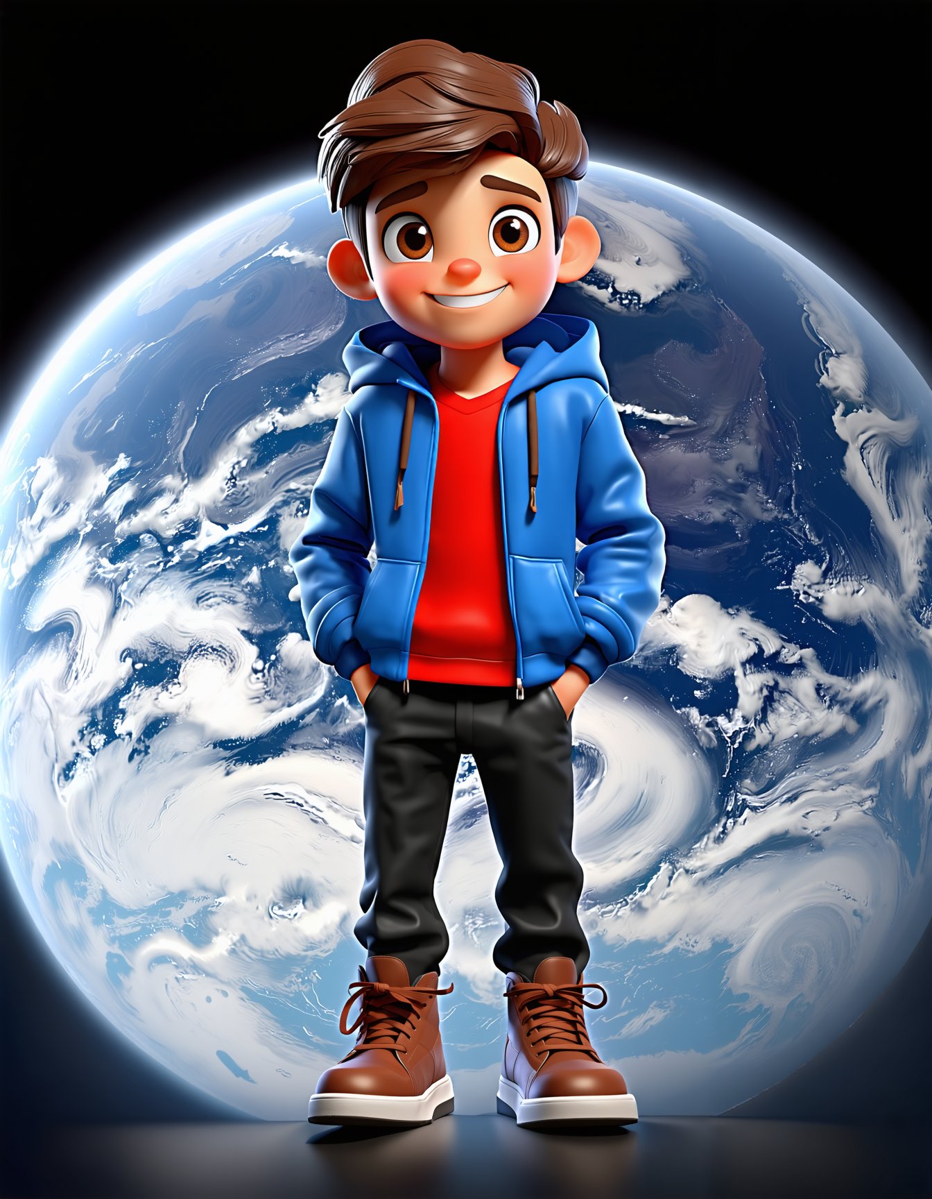 3D cartoon, cartoon style, 3D render, looking at viewer, smile, shirt, brown hair, 1boy, brown eyes, jacket, full body, male focus, shoes, pants, hood, hoodie, black pants, brown footwear, thick eyebrows, blue jacket, red shirt, sneakers, hand in pocket, planet, SD3_cartoon_ep10.safetensors