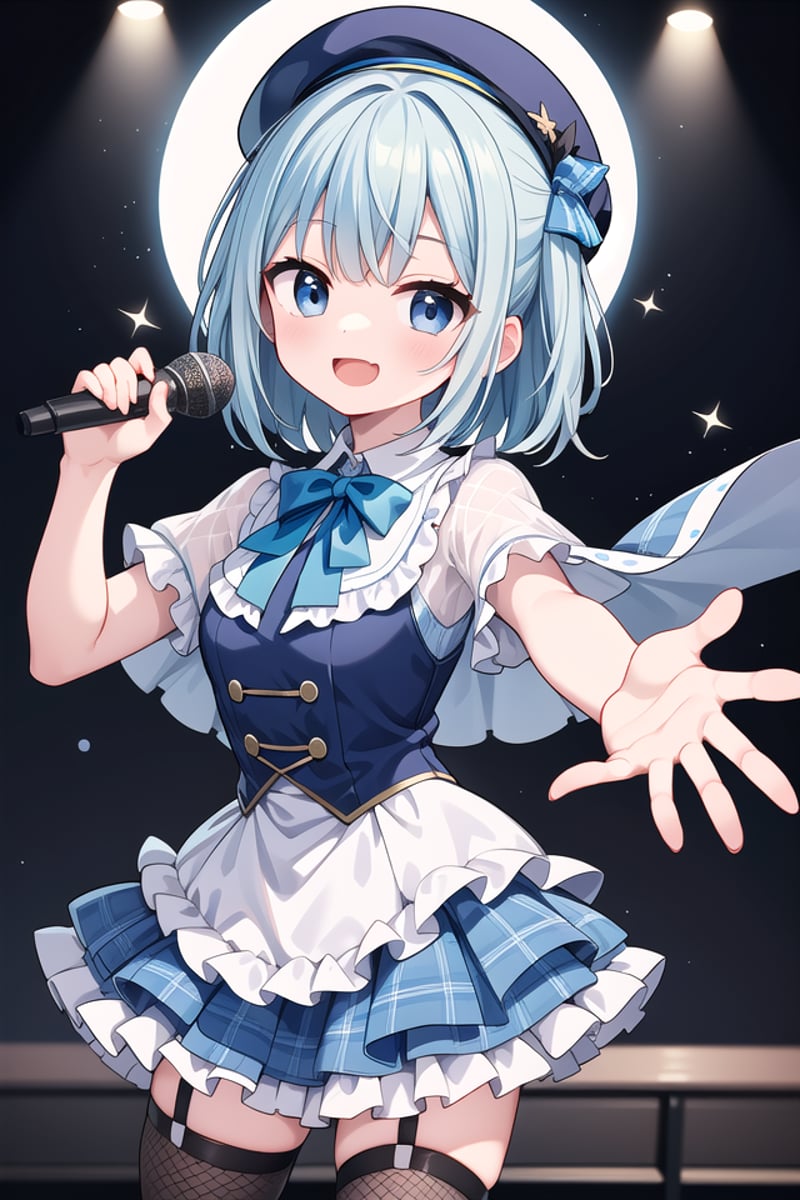 insanely detailed, absurdres, ultra-highres, ultra-detailed, best quality,1girl, solo, nice hands, perfect handsBREAK(nsfw:-1.5),(gothic drress, Idol costume:1.3), (blue and white theme:1.2), (white blouse:1.4), (white collar, tie:1.3), (open short-cape:1.3), (short sleeve:1.2), (blue tartan-check pattern (ruffle-skirt, multilayer-skirt):1.4), (white basque-beret with ribbon:1.3), (Fishnet stockings:1.3), (glove:1.2), (cleavage:-1.5)BREAKhappy smile, laugh, open mouth, (standing, singing, dancing, holding microphone:1.4)BREAKfrom above,seductive pose, cowboy shotBREAKslender, kawaii, perfect symmetrical face, ultra cute girl, ultra cute face, ultra detailed eyes, ultra detailed hair, ultra cute, ultra beautifulBREAKindoors, concert hall, idol live, crowded audienceBREAKmedium breastsBREAKgreen hair, black eyes, ballerina bun,