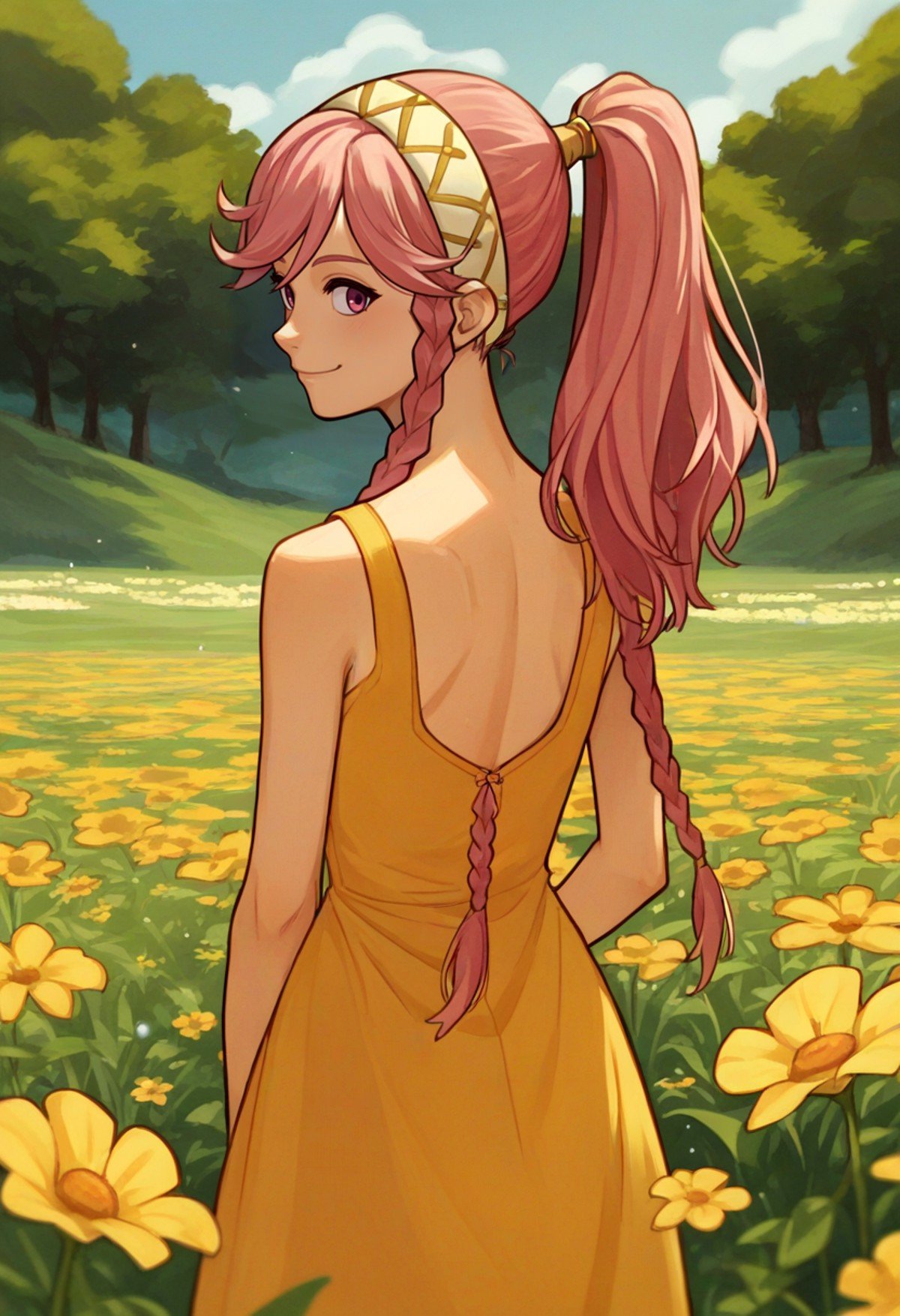 score_9, score_8_up, score_7_up, source_anime, from behind, solo, 1girl, feolivia, smile, looking back, twin braids, ponytail, hairband, yellow sundress, outdoors, flower field <lora:fireemblem_olivia_ponyXL:1>