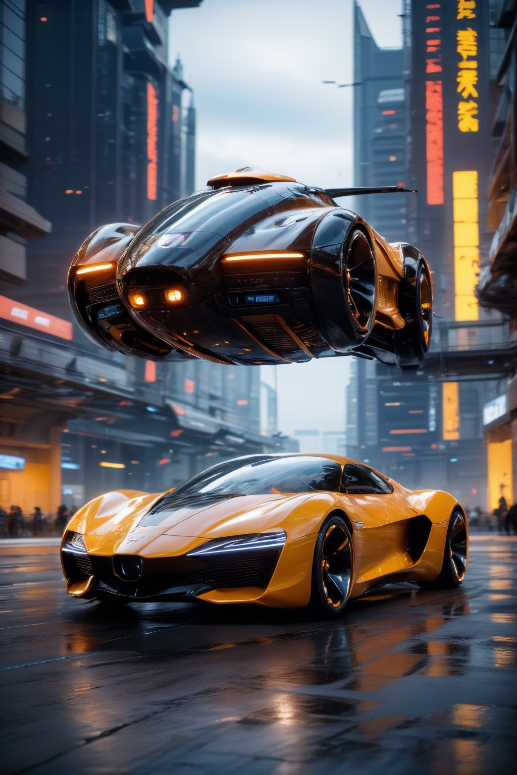 photorealistic, realistic, car, motor vehicle, vehicle focus, no humans, science fiction, aircraft, city, flying, scenery, road, motion blur, building, outdoors, helicopter, sky, cloud, realistic, night, skyscraper, cyberpunk