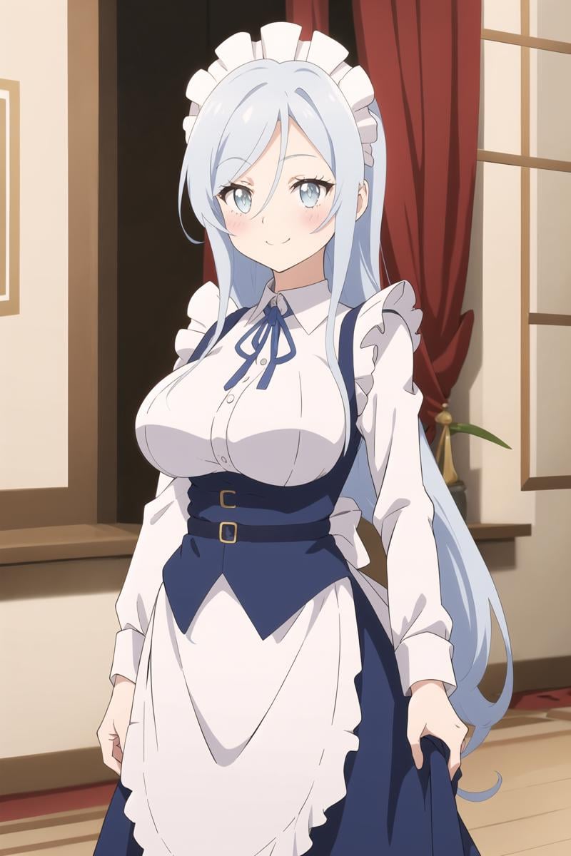 Sylpha, 1girl, solo, long hair, breasts, blush, blue eyes, light blue hair, large breasts, shirt, white shirt, maid headdress, smile, hair between eyes, <lora:Sylpha - Dainanaoji R4:0.8>