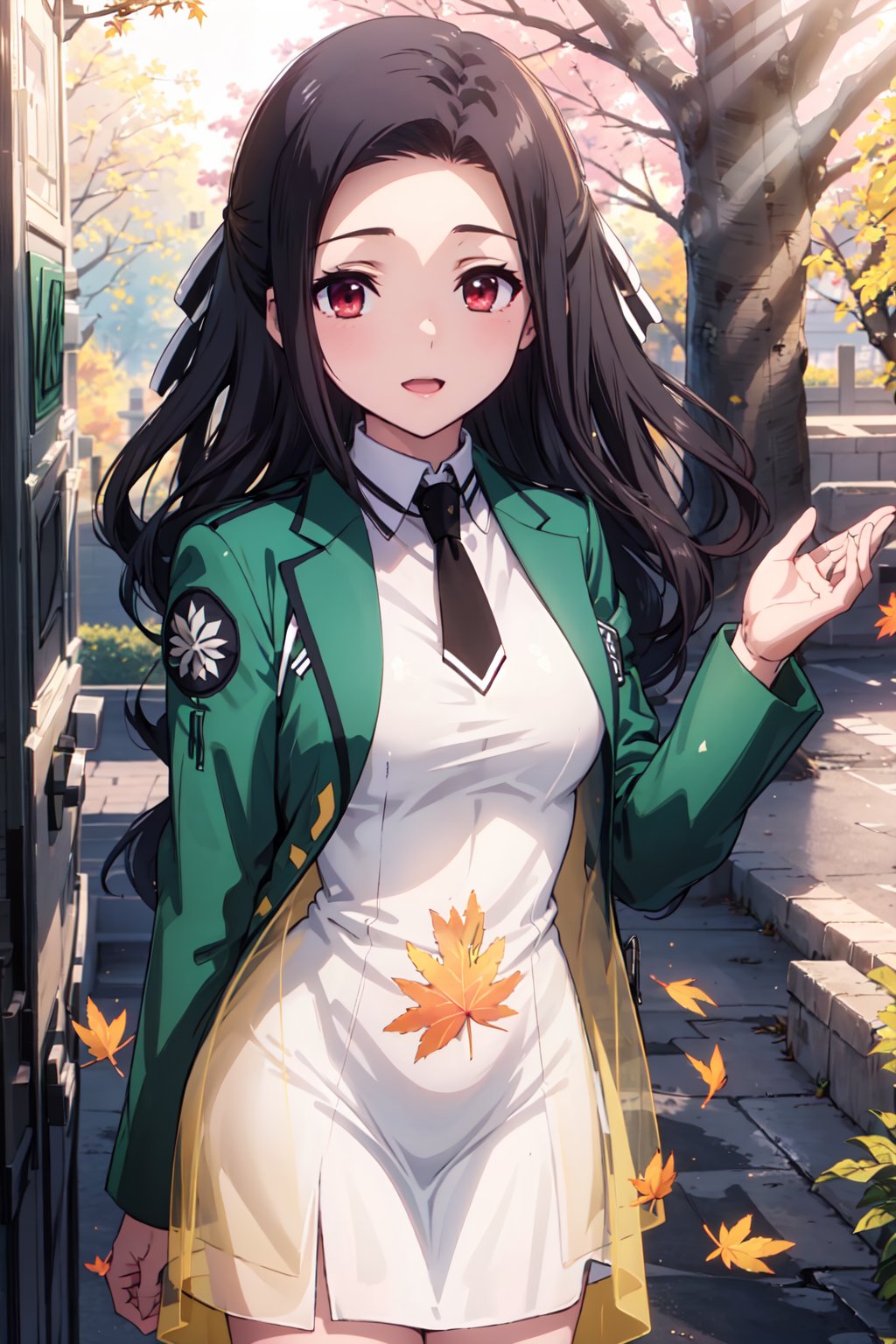 runashirakawa, 4k, absurd, high resolution, very high resolution, high definition, masterpiece, upper body, green jacket, short jacket, open jacket, black tie, white dress, collared dress, transparent, long dress,Outdoor, school, trees, autumn leaves, sunny, rays of light, lens flare, depth of field, bokeh,standing<lora:EMS-372498-EMS:0.900000>