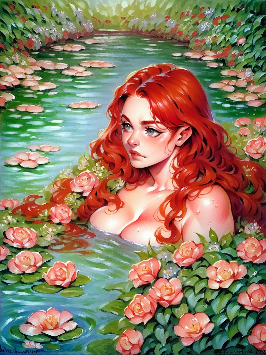 score_9, score_8_up, score_7_up, score_6_up,1girl, long hair,<lora:m0n3tXLP:1> m0n3t, traditional media, grey eyes, auburn, plump, curvy, flowers, water