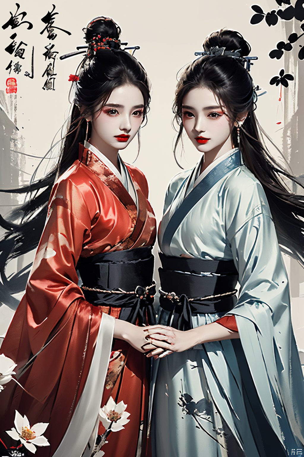 gfmm007,multiple girls,2girls,flower,black hair,long hair,hair bun,chinese clothes,red lips,hair ornament,single hair bun,looking at viewer,holding hands,hanfu,sash,long sleeves,earrings,makeup,jewelry,closed mouth,<lora:SMHF1.5:0.8>,