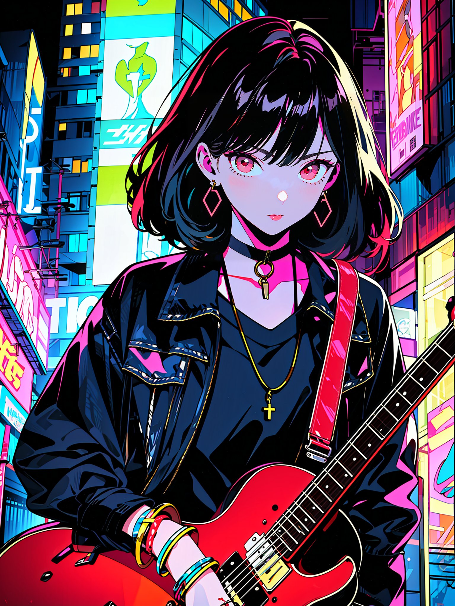 HTTP, 1girl, jewelry, instrument, guitar, solo, bracelet, ring, holding, black hair, red eyes, electric guitar, choker, medium hair, jacket, shirt, looking at viewer, motor vehicle, ground vehicle, holding instrument, neon lights, earrings, bangs, black shirt, outdoors<lora:HTTP_20231211123040-000008:1>