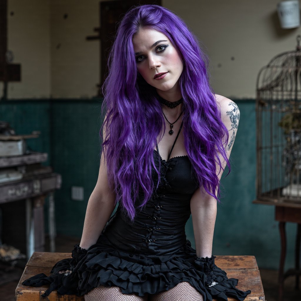 A portrait of a gothic-inspired woman with long, vibrant purple hair. She wears a black corset-style dress with a ruffled hem, black gloves, and fishnet stockings. Her makeup is bold, featuring dark eyeliner and mascara, and she wears a choker necklace. She sits on a vintage suitcase, her hands resting on the suitcase's surface. The background is an old, dilapidated room with peeling paint and a birdcage. The color palette is dominated by deep purples, blacks, and grays, creating a somber and mysterious atmosphere.