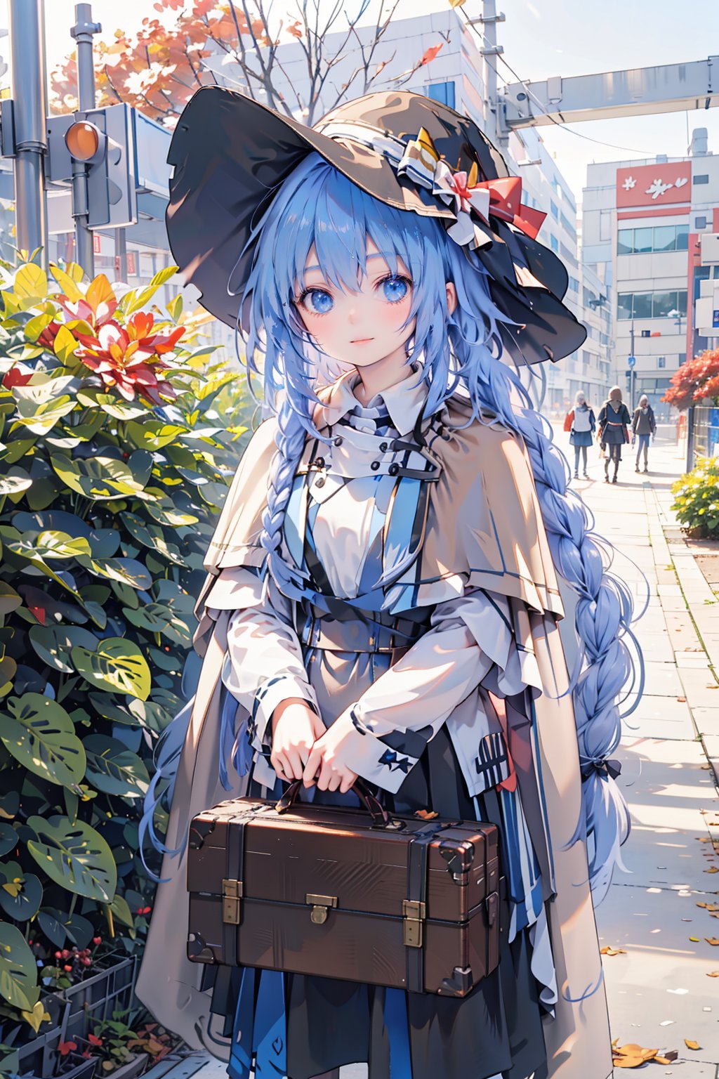 best quality,masterpiece,1girl,roxy migurdia,solo,long hair,looking at viewer,hat,holding,bangs,blue hair,braid,twin braids,skirt,blue eyes,outdoors,cape,plant,autumn,suitcase,black skirt,photo background,brown cape,