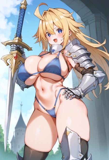 score_9, score_8_up, score_7_up, castle,BREAKsource_anime,BREAK1girl, blonde hair, large breasts, happy, hair between eyes,bikini armor, gauntlets, greaves,  holding sword, <lora:kz oji-v1-PDXL:1>