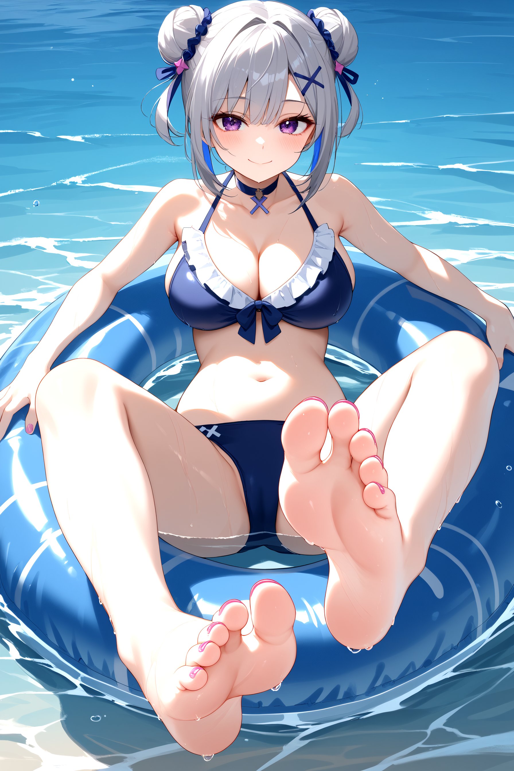 1girl,  armpit crease, bare shoulders, barefoot, ocean, bikini, blush, breasts, choker, collarbone, colored inner hair, double bun, (feet, foot focus:1.1), frills, grey hair, hair bun, hair ornament, hairclip, innertube, knees together feet apart, looking at viewer, medium hair, multicolored hair, purple eyes, soles, solo, swim ring, swimsuit, (toenails, toes:1.1), water, wet, x hair ornament, large breasts, curvy, smile, closed mouth, score_9_up, score_8_up, masterpiece, best quality