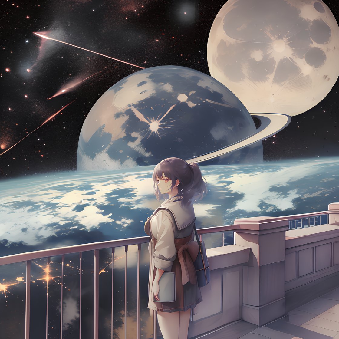 (high quality, masterpiece), eotw_lora, 1girl, standing, closeup, balcony behind, planet, sky, night, moon, star (sky), night sky, scenery, starry sky, (dreamcore), <lora:Edge_World-10:1>