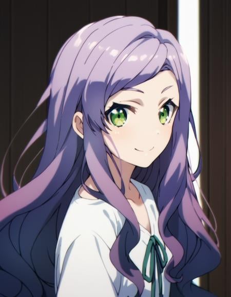 score_9, score_8_up, score_7_up, score_6_up, score_5_up, score_4_up, source_anime, , Arisa, long hair, purple hair, green eyes, , dynamic pose, smile