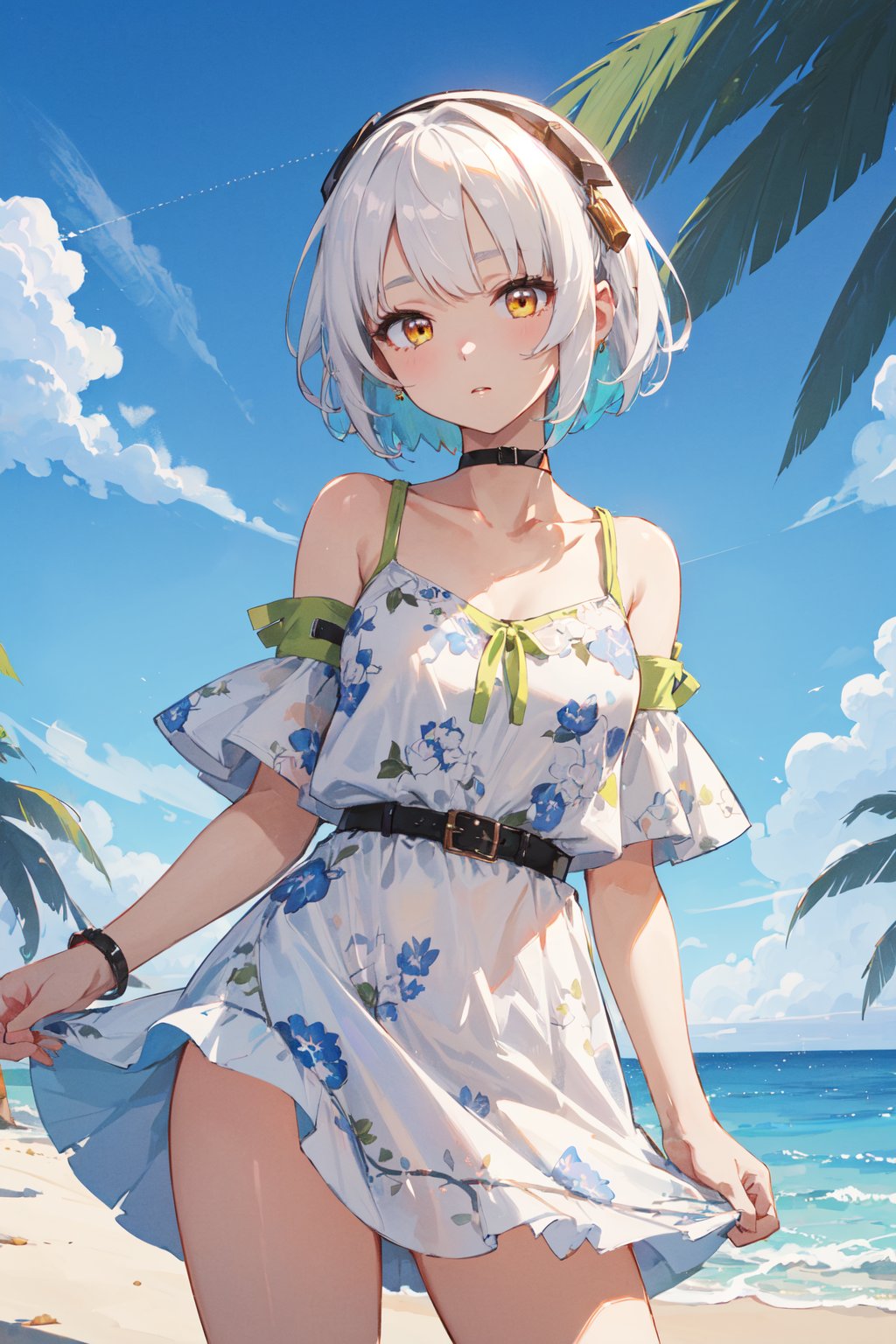 <lora:Anby-000020:0.6>,Anby CYQL,1girl,looking at viewer,solo,short hair,white hair,yellow eyes,(Paisley print ruffle sundress with a V-neckline:1.3),(grin:1.2),(bust:1.3),Amidst the boundless expanse of sand, a verdant oasis stands like a mirage, where clear pools are shaded by date palms,beautiful detailed sky,beautiful detailed glow,posing in front of a colorful and dynamic background,masterpiece,best quality,beautiful and aesthetic,contrapposto,female focus,wallpaper,