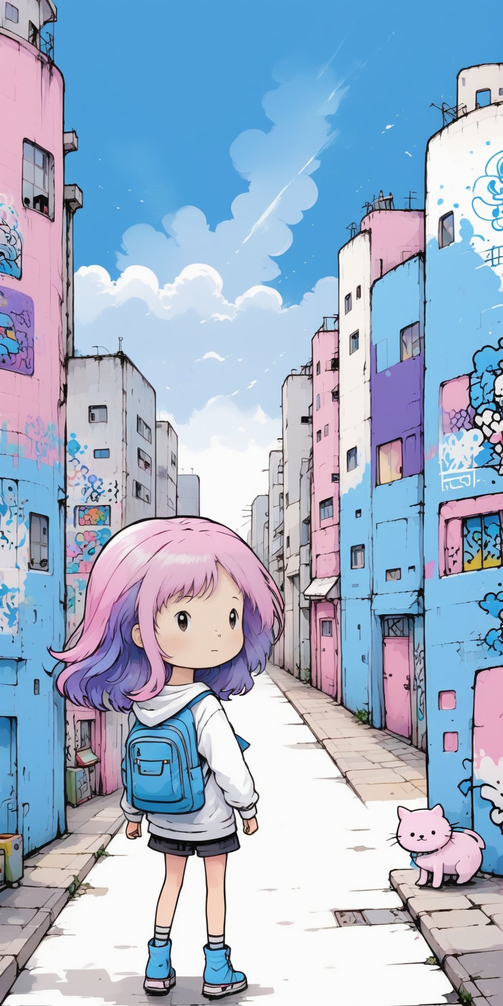 (((masterpiece,best quality))),((good structure,Good composition,good atom)),((clear, original,beautiful)),1girl,long hair,( white blue theme:1.3),qingsha,seecolor,looking down, white background, pink purple hair, looking at the sky,Graffiti