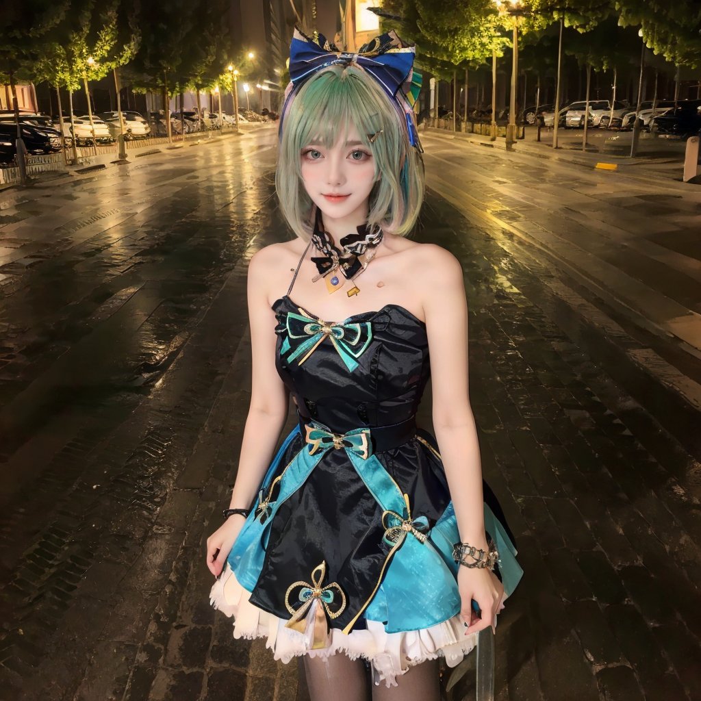 1girl,dress,pink bow,standing,hair ornament,looking at viewer,jewelry,Green hair,short hair,pantyhose,<lora:小塔姆:0.8>,