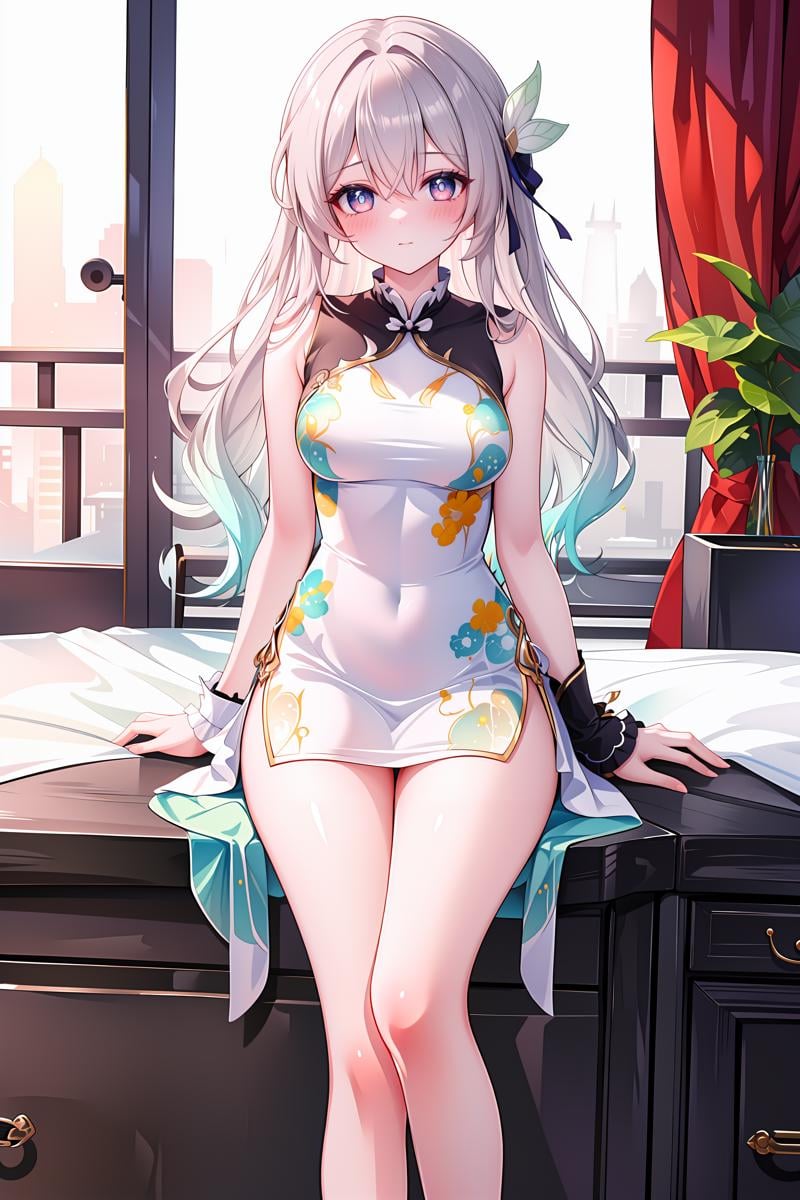 ((masterpiece,best quality)), 1girl, fireflyhsr, china dress, sleeveless, bare legs, blush,