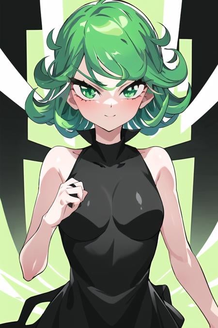 (best quality, masterpiece1.2), detailed,1girl, solo,looking at viewer,simple background, 😏standing ,side smile:1.1 ,detailed eyes ,  detailed  face, adorable face , cute, tatsumaki, long eyelashes, green eyes,  black dress, green aura, <lora:drunkoakStyle-24:0.9>, , <lora:tatsumaki:0.7>