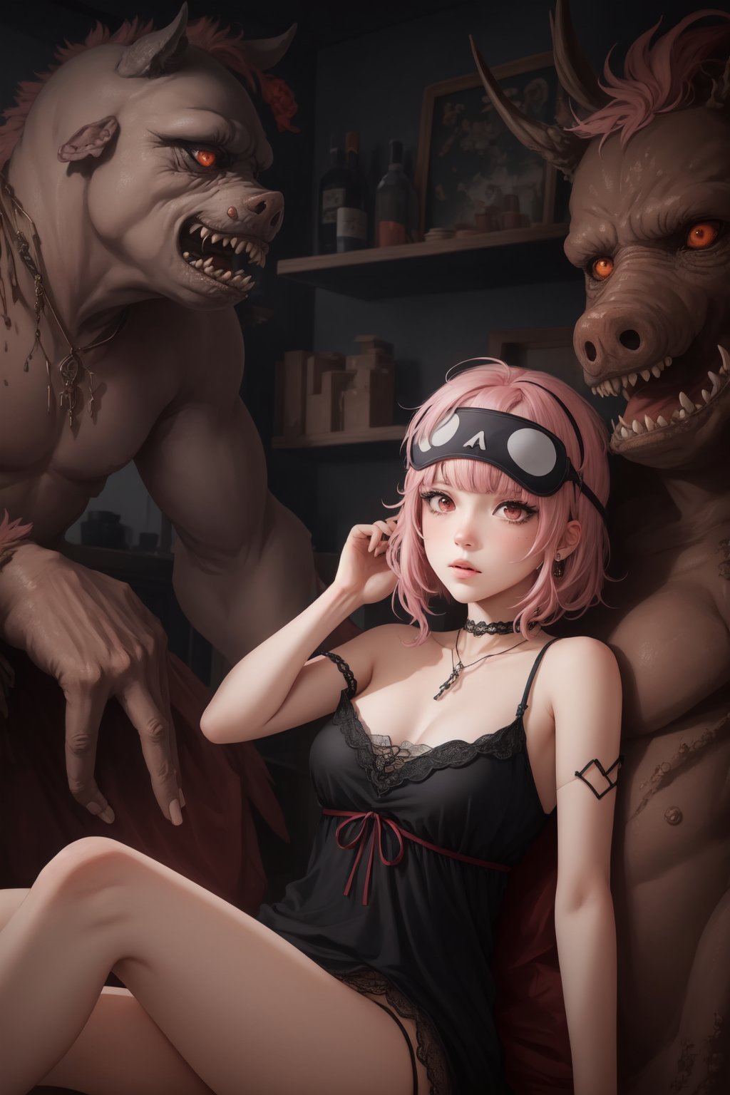 best quality, intricate details, 1girl,    <lora:moriCalliopeHololive_v10:0.8>  callirnd,pink hair, callisleepwear,  <lora:pigManMonster_v02:0.8> ugly man, multiple boys, gangbang, monster, horror,  