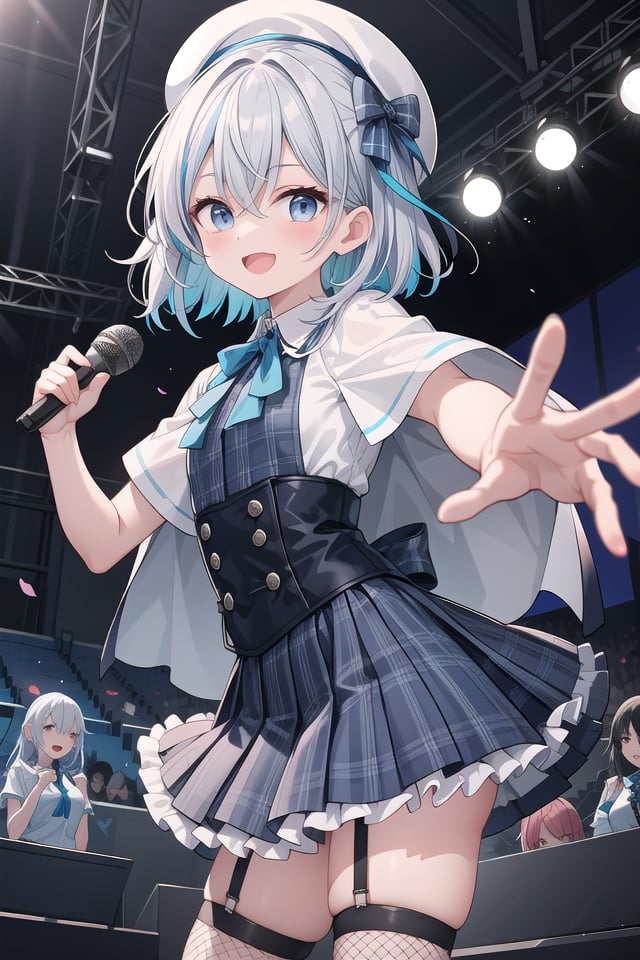 insanely detailed, absurdres, ultra-highres, ultra-detailed, best quality,1girl, solo, nice hands, perfect handsBREAK(nsfw:-1.5),(gothic drress, Idol costume:1.3), (blue and white theme:1.2), (white blouse:1.4), (white collar, tie:1.3), (open short-cape:1.3), (short sleeve:1.2), (blue tartan-check pattern (ruffle-skirt, multilayer-skirt):1.4), (white basque-beret with ribbon:1.3), (Fishnet stockings:1.3), (glove:1.2), (cleavage:-1.5)BREAKhappy smile, laugh, open mouth, (standing, singing, dancing, holding microphone:1.4)BREAK,seductive pose, cowboy shotBREAKslender, kawaii, perfect symmetrical face, ultra cute girl, ultra cute face, ultra detailed eyes, ultra detailed hair, ultra cute, ultra beautifulBREAKindoors, concert hall, idol live, crowded audienceBREAKmedium breastsBREAK(random color hair, multicolored hair:1.2), rainbow color eyes, messy hair, hair between eyes