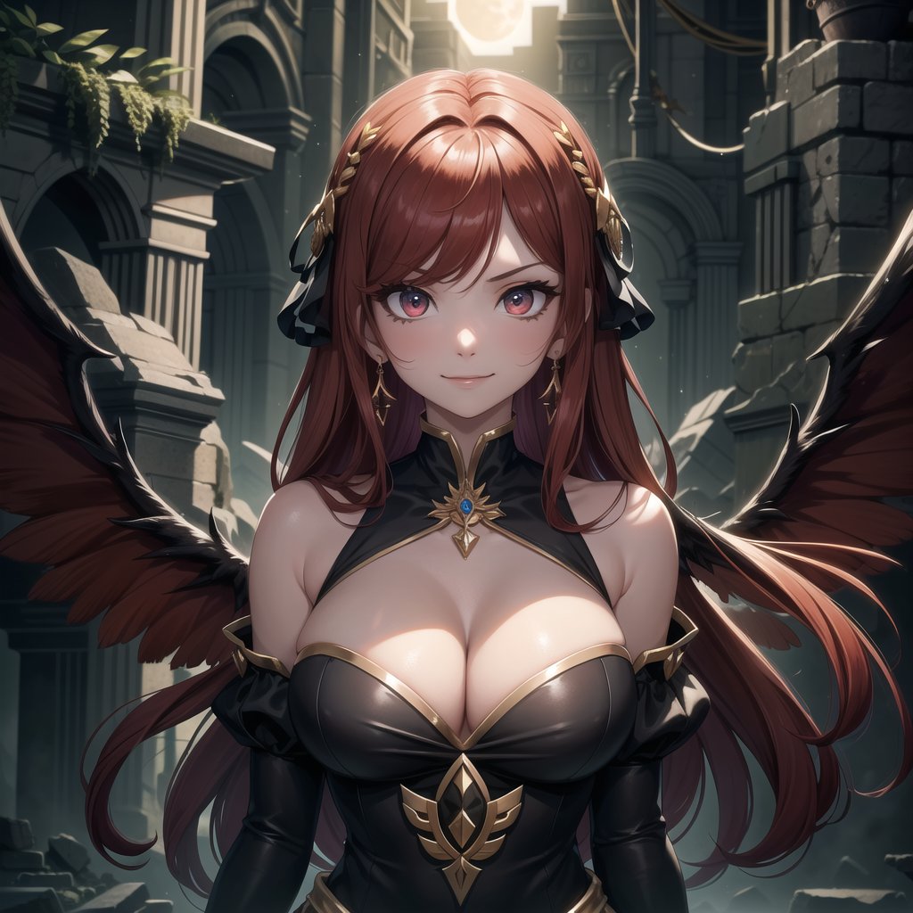 ((masterpiece, best quality, extremely detailed), volumetric lighting, ambient occlusion, colorful, glowing, expressive eyes),

1girl, long eyelashes, red hair, long hair, red eyes, black dress, neckline, cleavage, bare shoulders, long sleeves,
large bird wings, (black wings), beautiful angel wings, exposed thighs, navel, exposed waist, (gold jewelry),
night, moon, stars, clouds, ancient dungeon, destroyed ancient ruins, 
(scary environment:1.3),

angry, evil smile,
upper body, close up, portrait,