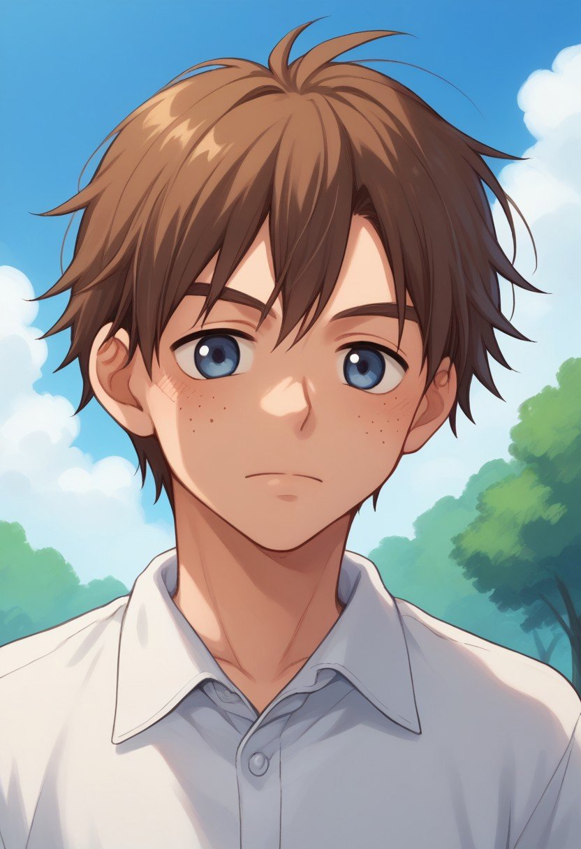 score_9, score_8_up, score_7_up, source_anime, highly detailed, kosuke, 1boy, male focus, solo, brown hair, sky, freckles, outdoors, day, cloud, blue eyes, tree, shirt,closed mouth, blue sky, collared shirt, upper body,