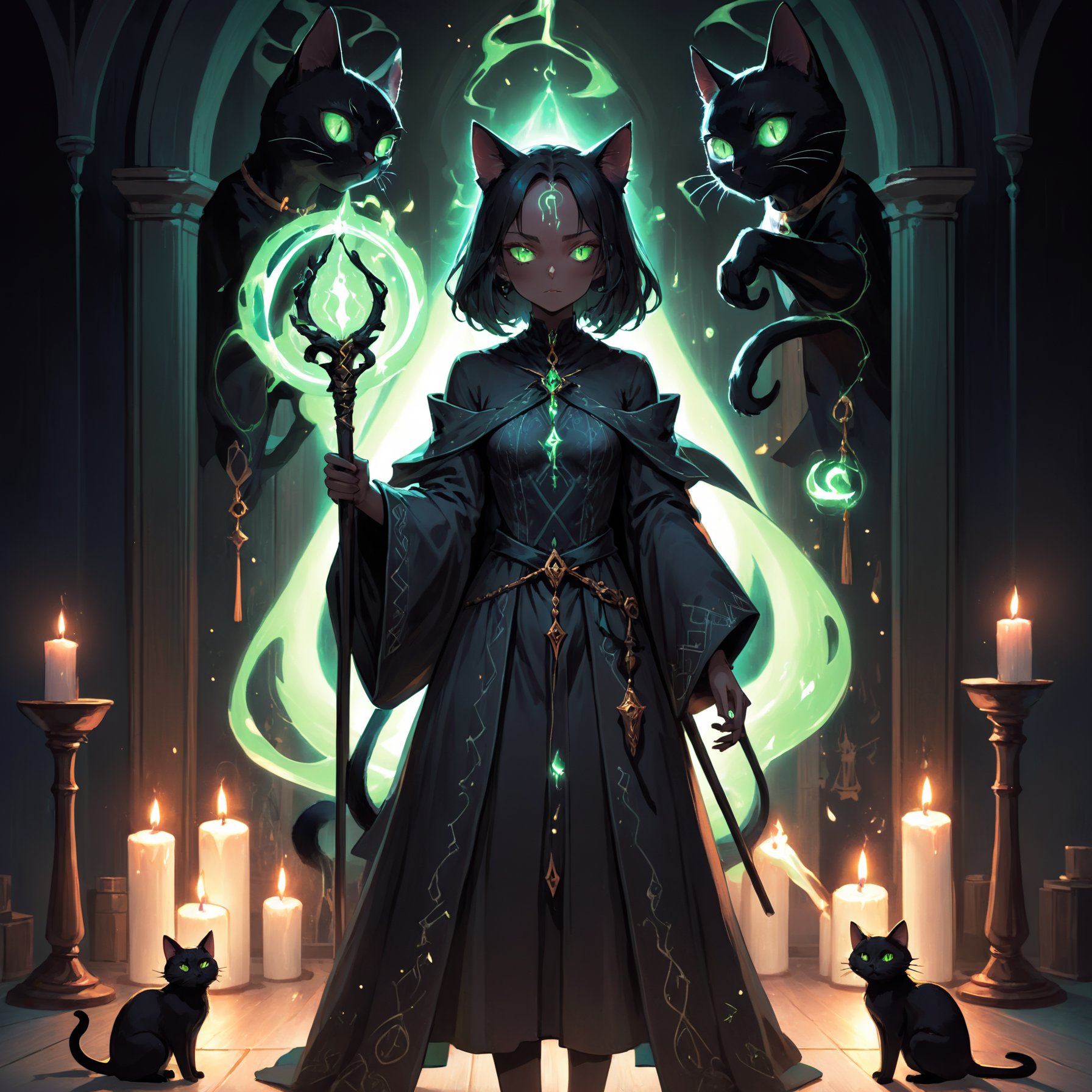 Illustration of a mysterious figure standing in a dimly lit room, surrounded by flickering candles and holding a magical staff adorned with arcane symbols, as they cast a spell to summon a sleek and enigmatic black cat with glowing green eyes and a knowing gaze