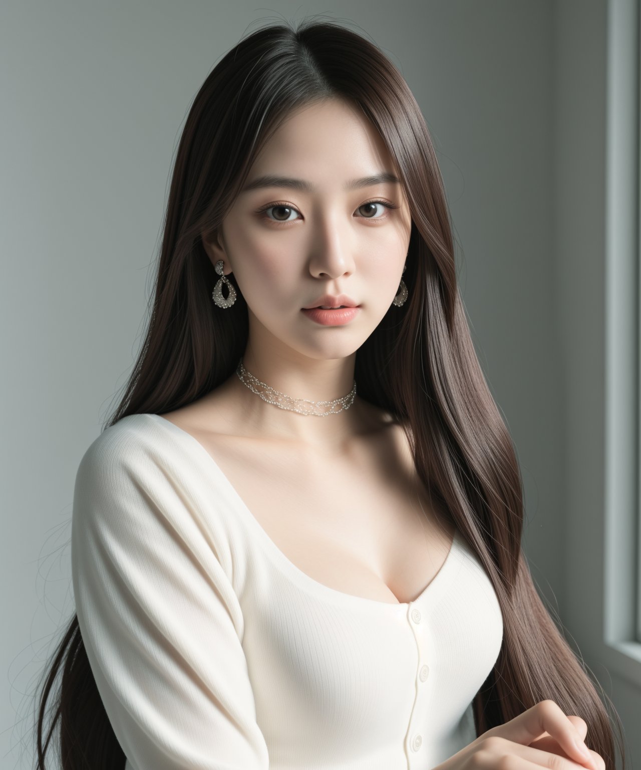 (masterpiece:1.35),(best-quality:1.4), 8k, ultra-detailed, photography, (ultra-realistic:1.4), film grain, portrait photo of 23 years old J-pop woman in white cardigan, (flowing long hair, run her hand through her hair), earrings, choker, cleavage, pale skin, (pout, thin lip), hard shadows, simple background, (instagram photo),