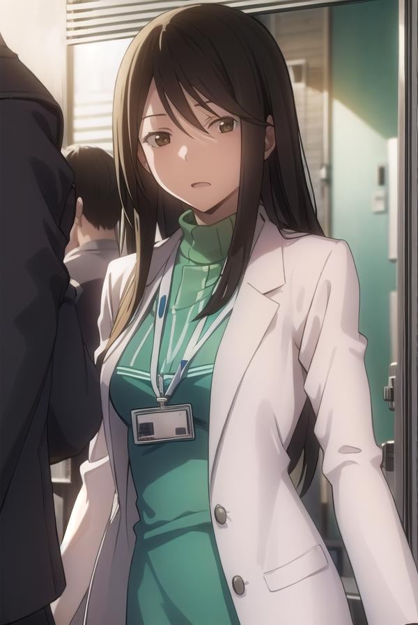 namieyagiri, <lora:namie yagiri s1-lora-nochekaiser:1>,namie yagiri, long hair, black hair, (brown eyes:1.3),BREAK sweater, turtleneck, labcoat, green sweater,BREAK indoors, office,BREAK looking at viewer, (cowboy shot:1.5),BREAK <lyco:GoodHands-beta2:1>, (masterpiece:1.2), best quality, high resolution, unity 8k wallpaper, (illustration:0.8), (beautiful detailed eyes:1.6), extremely detailed face, perfect lighting, extremely detailed CG, (perfect hands, perfect anatomy),