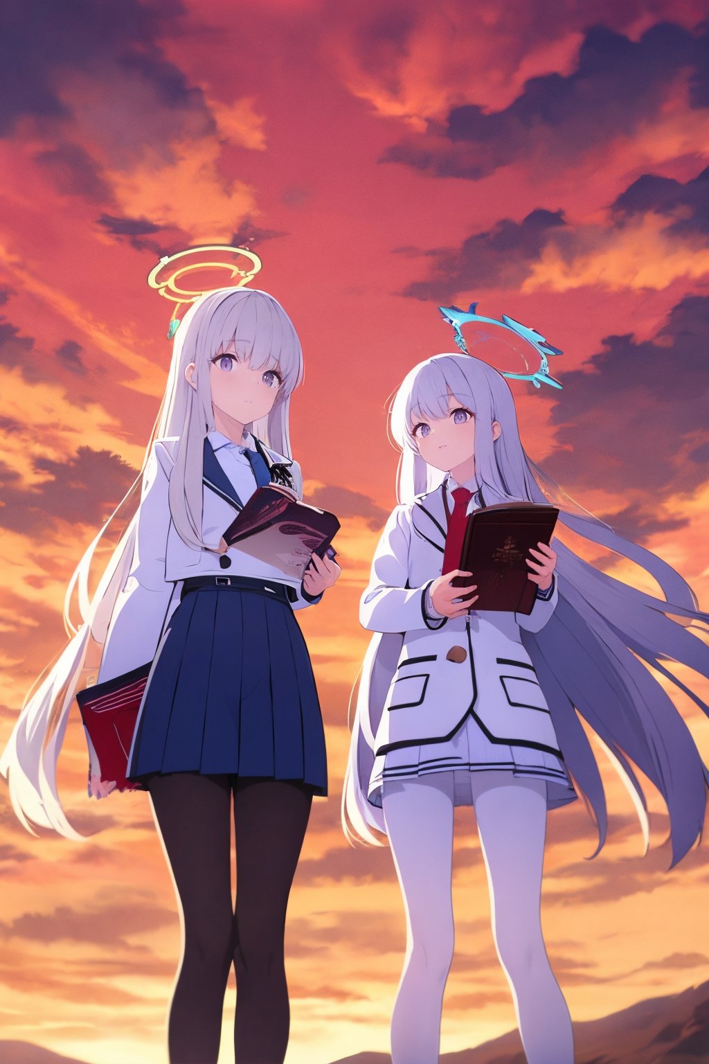 noa (blue archive), halo, mechanical halo, long hair, purple eyes, multiple girls, 2girls, skirt, pantyhose, white skirt, jacket, red sky, book, necktie, black pantyhose, cloud, pleated skirt, school uniform, sky, holding book, long sleeves, holding, white hair, very long hair, cloudy sky, standing, white jacket, grey hair, shirt, sidelocks<lora:BA_v1_wd14_LoRA:0.8>,