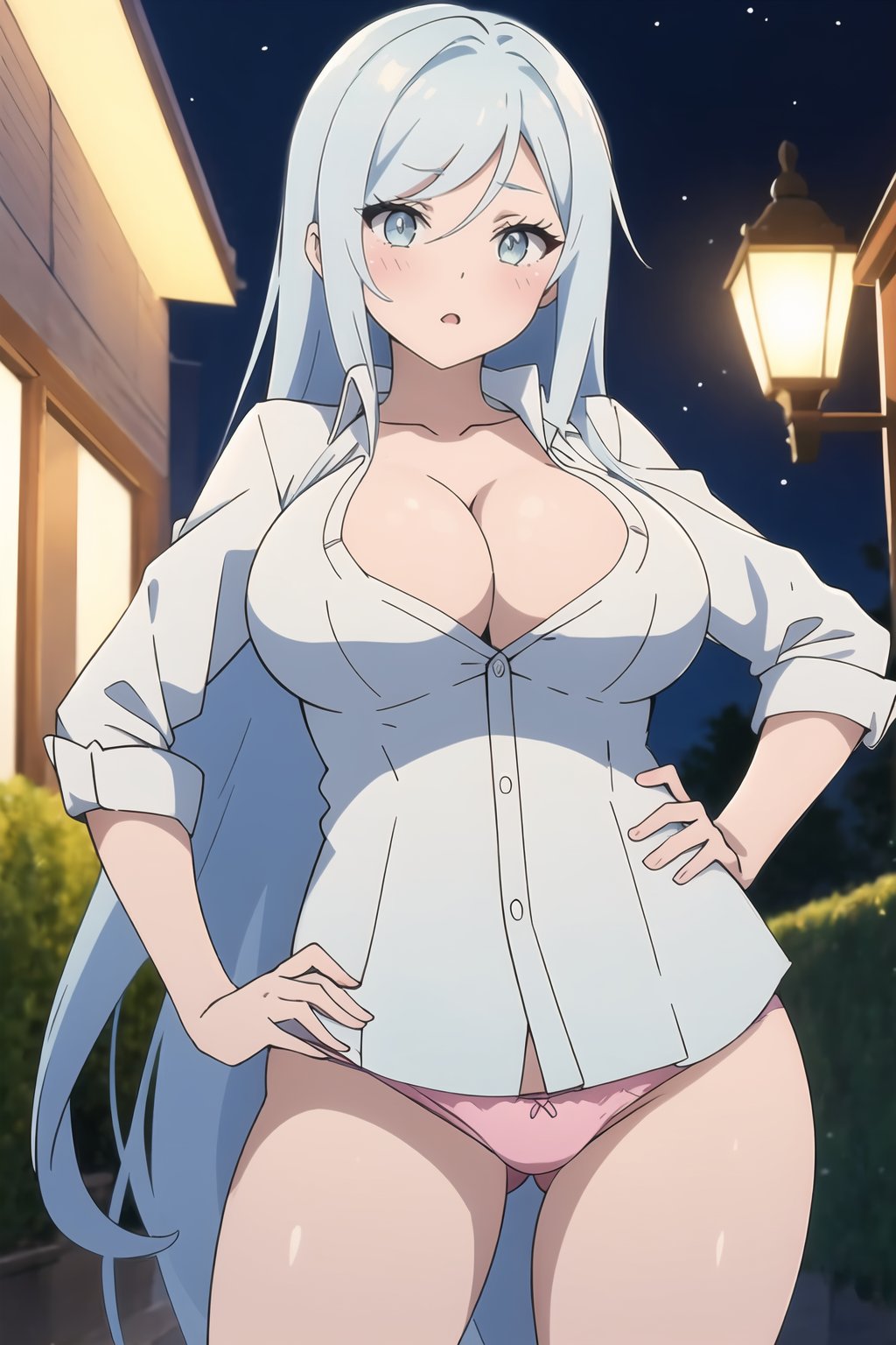 Sylpha, 1girl, anger vein, breasts, blue eyes, long hair, underwear, cleavage, light blue hair, night, very long hair, hand on hip, shirt, blush, looking at viewer, large breasts, pink panties, outdoors, <lora:Sylpha - Dainanaoji T10:0.8>